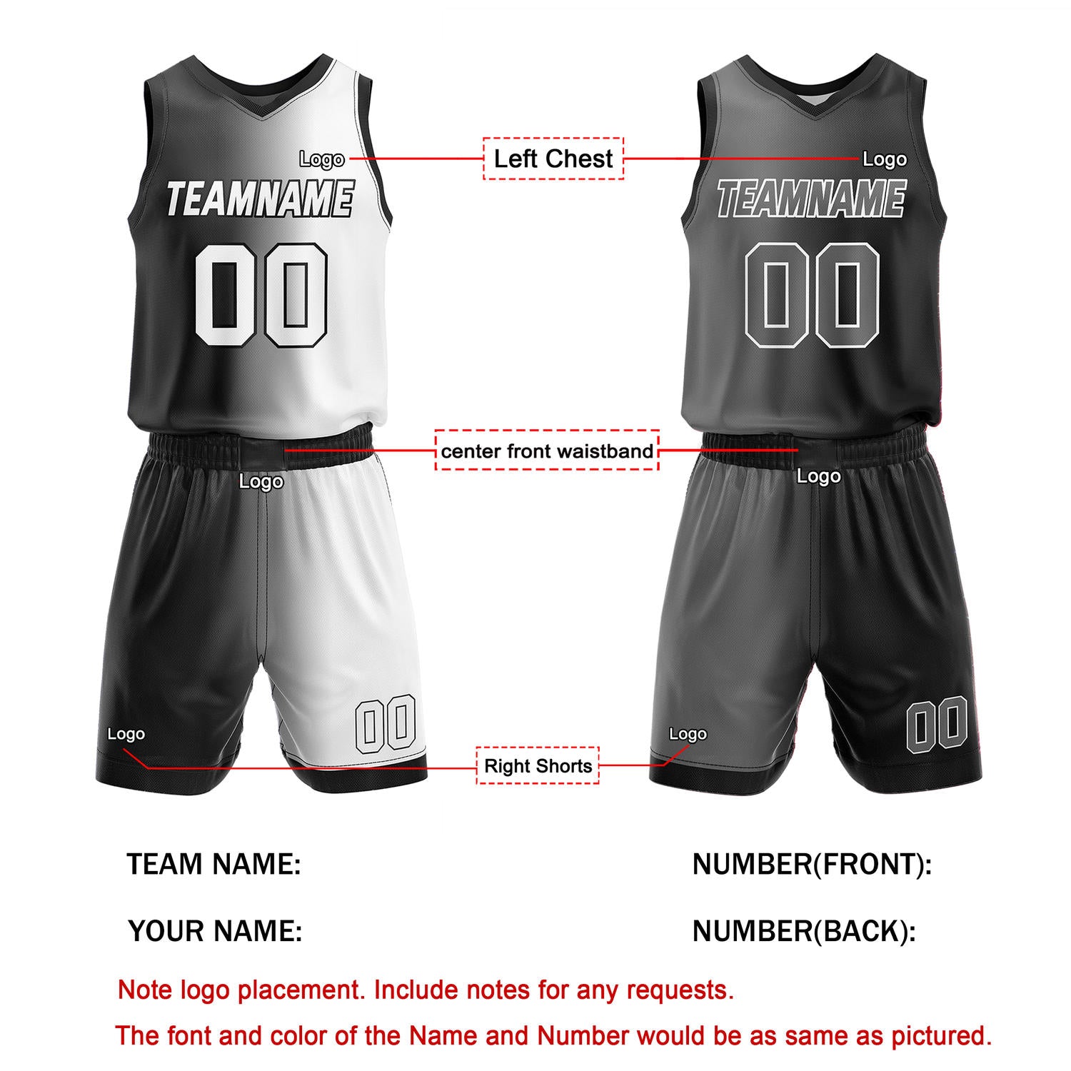 Custom Reversible Black White Grey Basketball Uniform Set | Team & Player Name - Vosoli