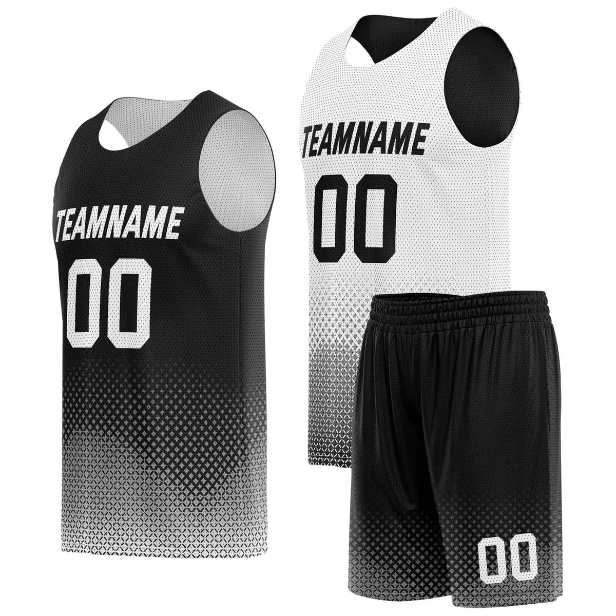 Custom reversible black white basketball uniform, personalized team name number logo breathable Mesh sports set for men women youth game practice wear - Vosoli