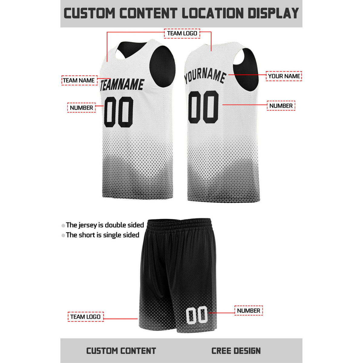 Custom Reversible Black & White Mesh Basketball Uniform | Personalized Team Set | Vosoli