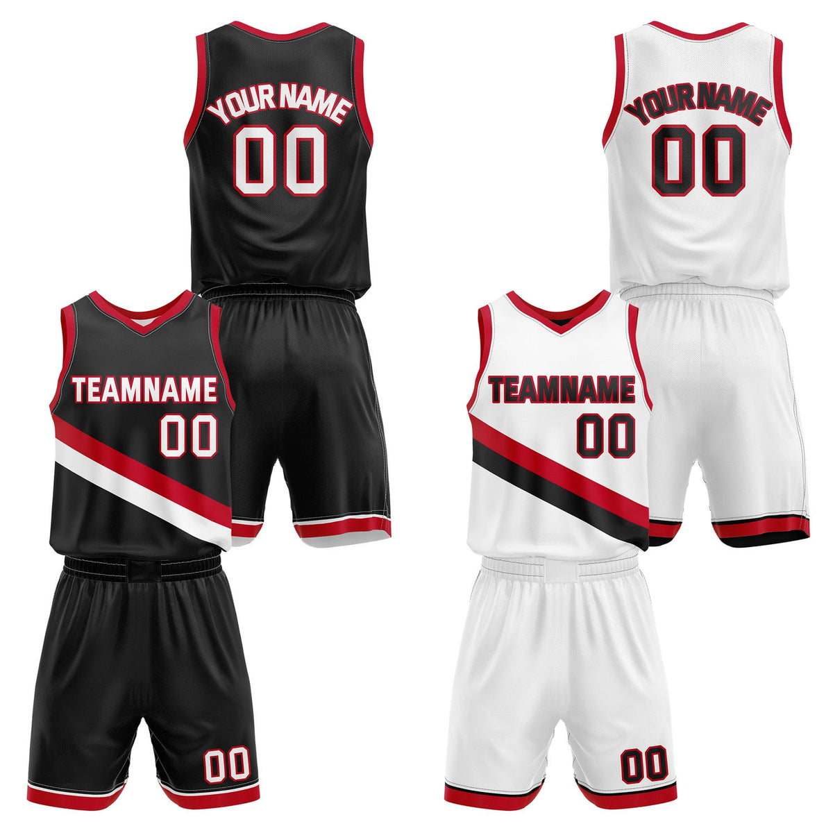 Custom Reversible Black White Red Basketball Uniform Set | Team &amp; Player Name - Vosoli