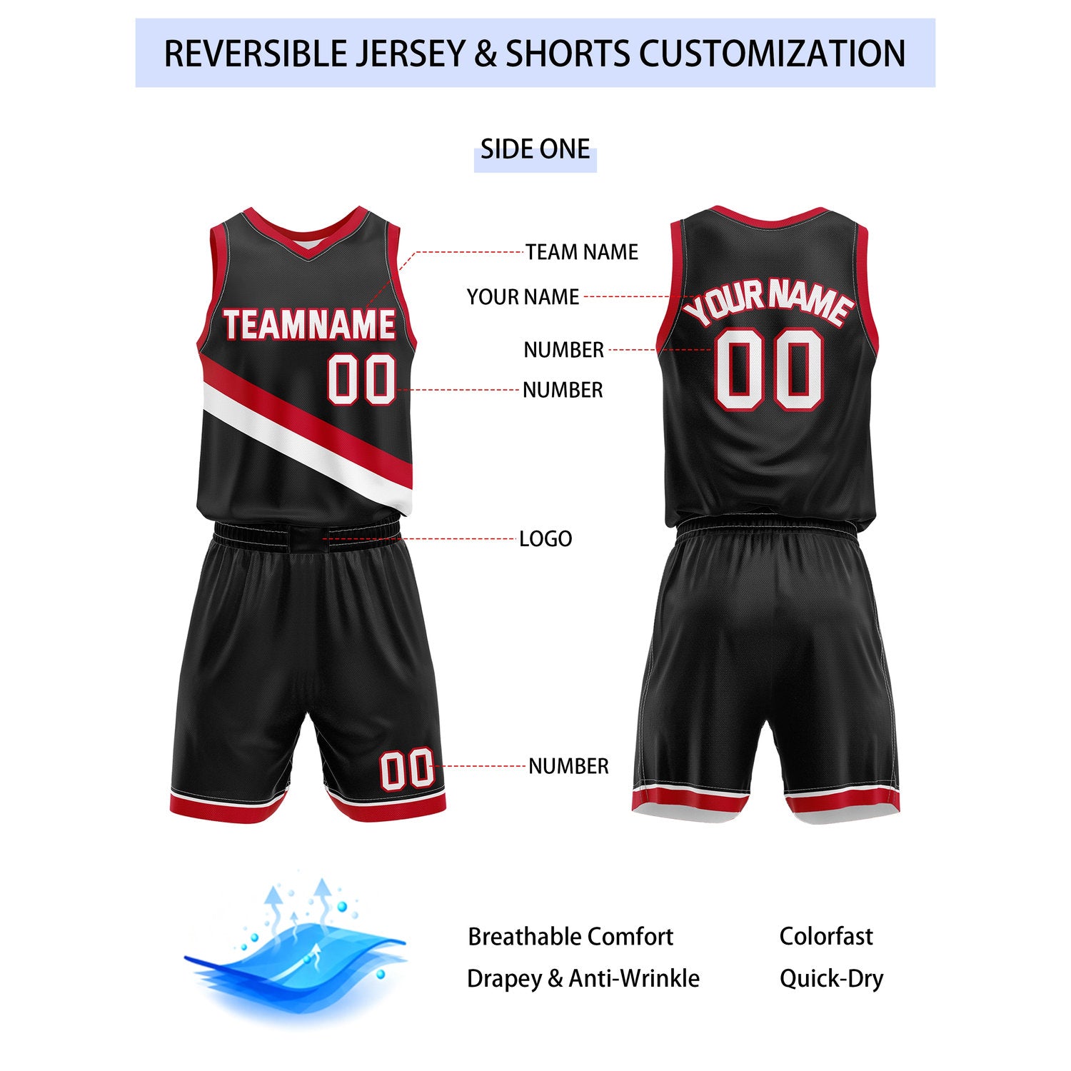 Custom Reversible Black White Red Basketball Uniform Set | Team & Player Name - Vosoli