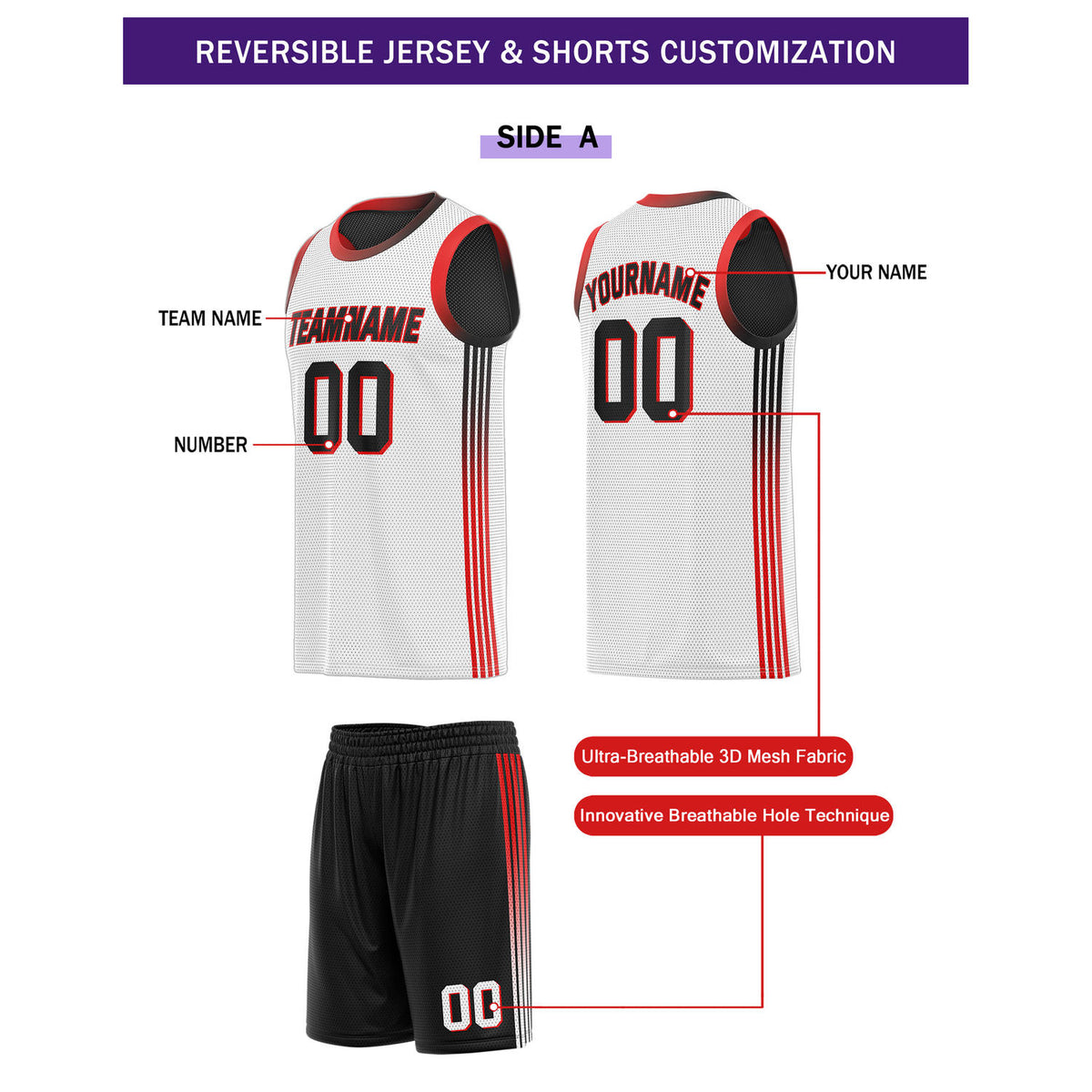 Custom Reversible Black White Red Basketball Uniform Set | Team & Player Name - Vosoli