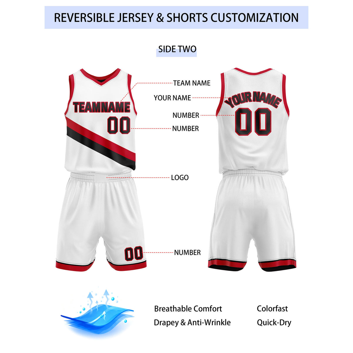 Custom Reversible Black White Red Basketball Uniform Set | Team & Player Name - Vosoli
