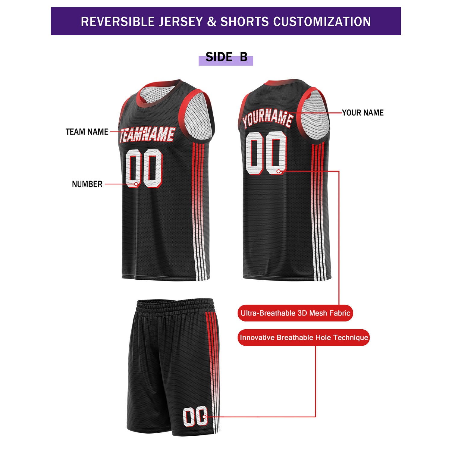 Custom Reversible Black White Red Basketball Uniform Set | Team & Player Name - Vosoli
