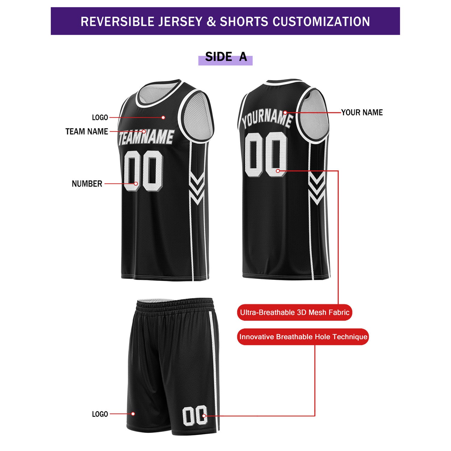 Custom Reversible Black White Sleek Basketball Uniform Set | Team Name & Number - Vosoli