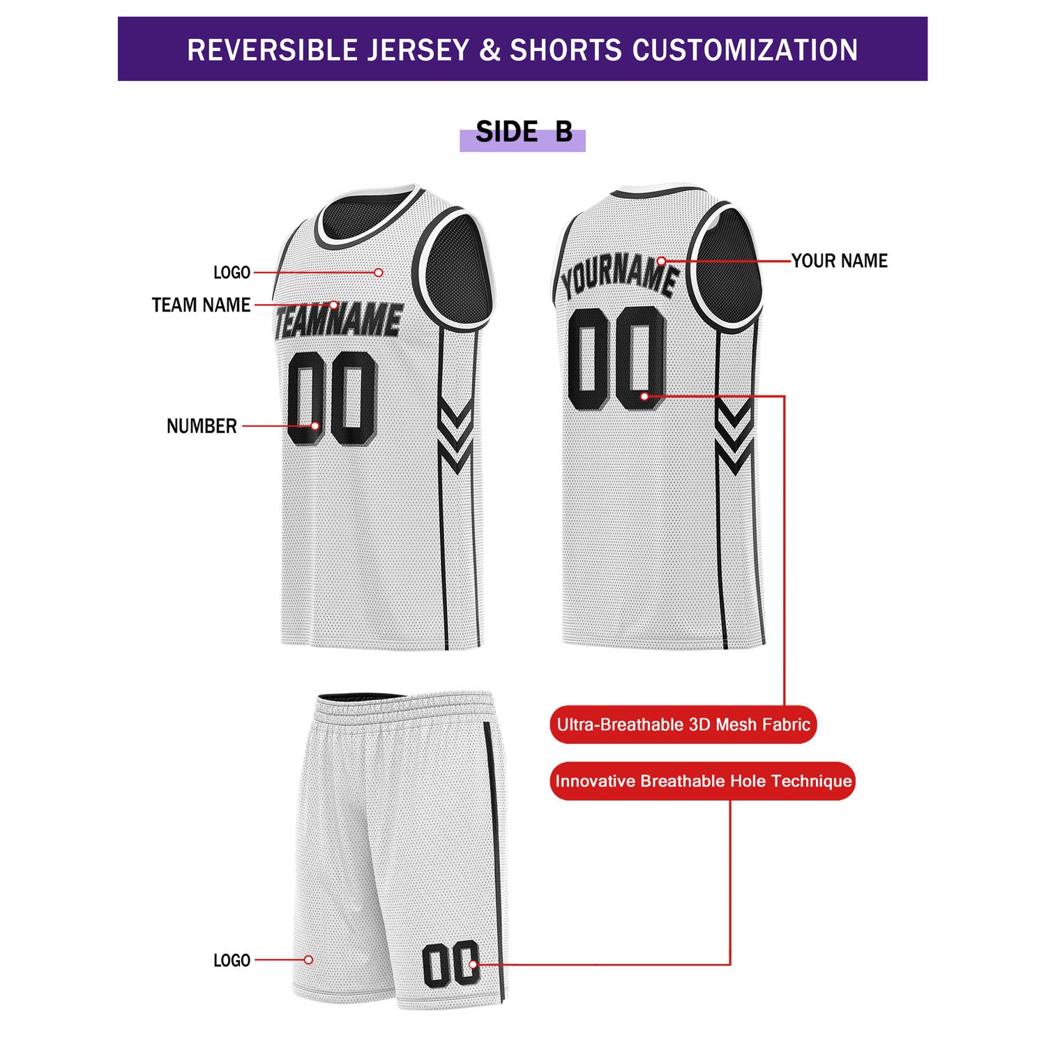 Custom Reversible Black White Sleek Basketball Uniform Set | Team Name & Number - Vosoli