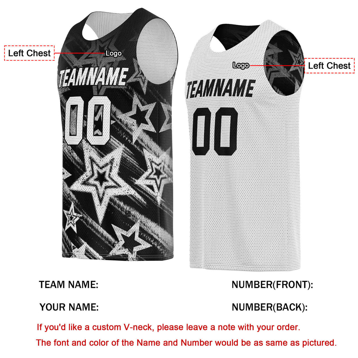 Custom Reversible Black White Star Basketball Jersey | Personalized Team Top - Vosoli