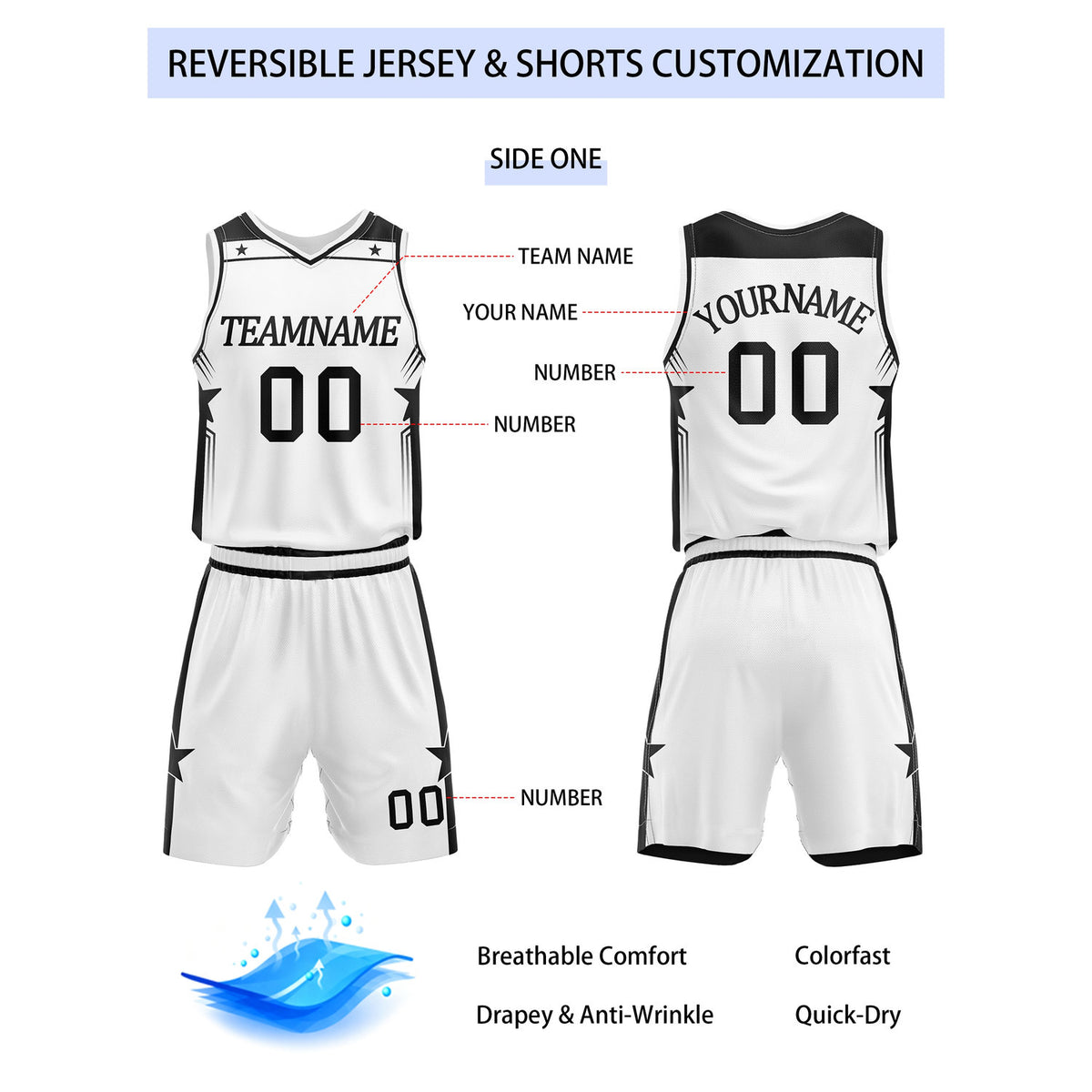 Custom Reversible Black White Star Basketball Uniform Set | Team Name & Number - Vosoli
