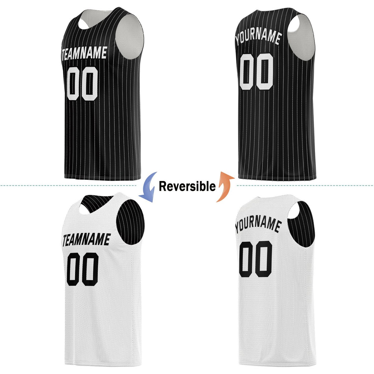 Custom Reversible Black White Striped Basketball Jersey | Personalized Team Name, Number & LOGO | Vosoli