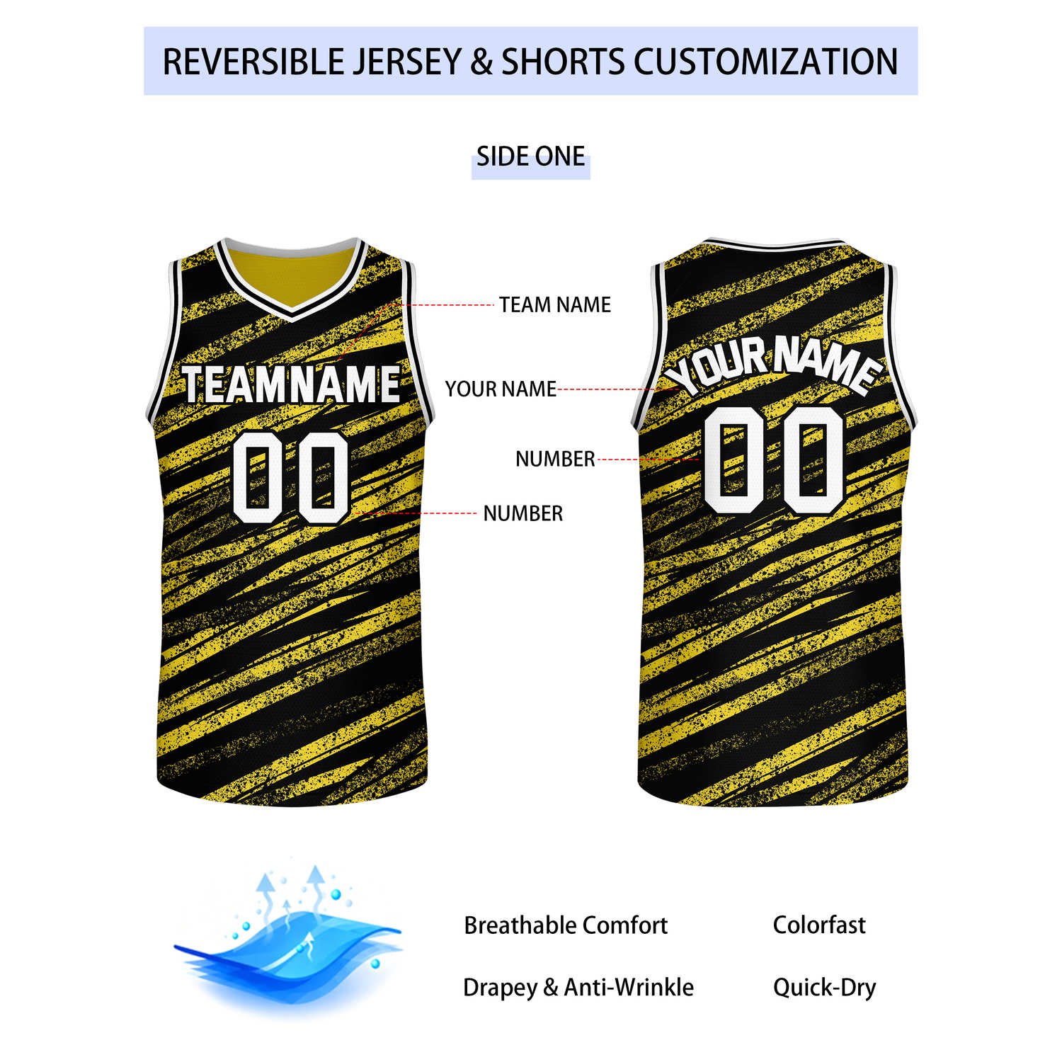 Custom Reversible Black Yellow Basketball Jersey | Team & Player Name - Vosoli