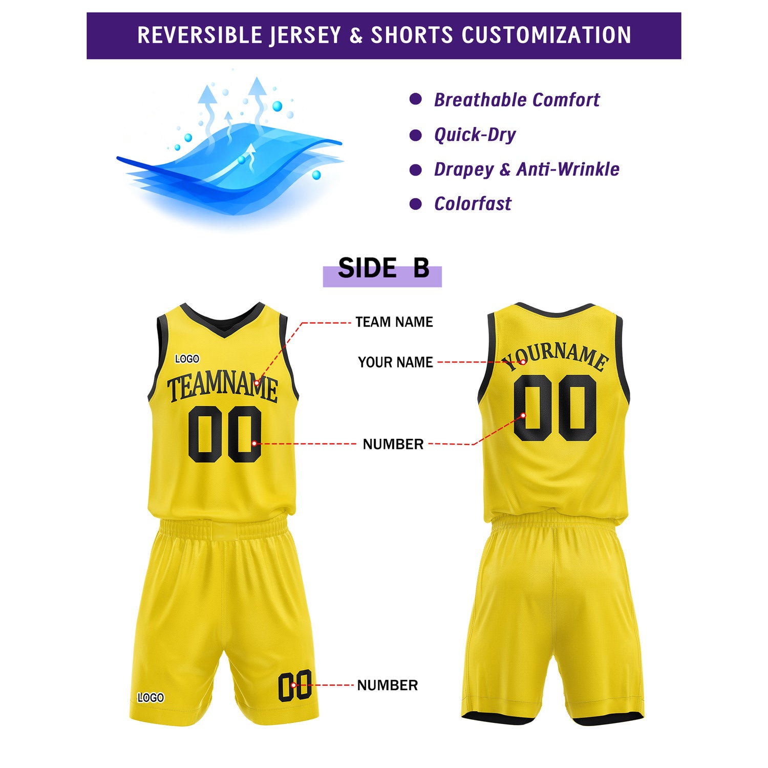 Custom Reversible Black Yellow Basketball Uniform Set | Team Name & Number - Vosoli