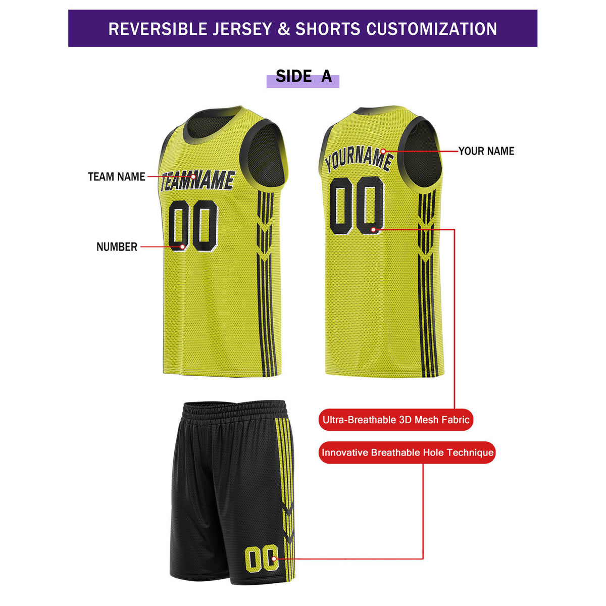Custom Reversible Black Yellow Basketball Uniform Set | Team & Player Name - Vosoli