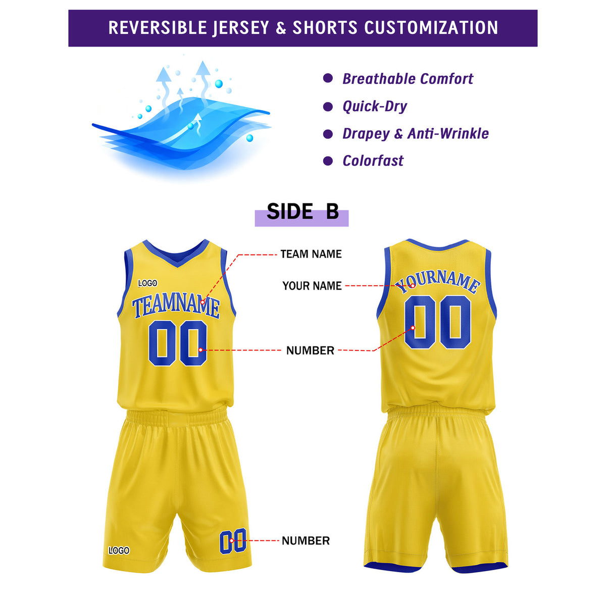 Custom Reversible Blue Yellow Basketball Uniform Set | Team Name & Number - Vosoli