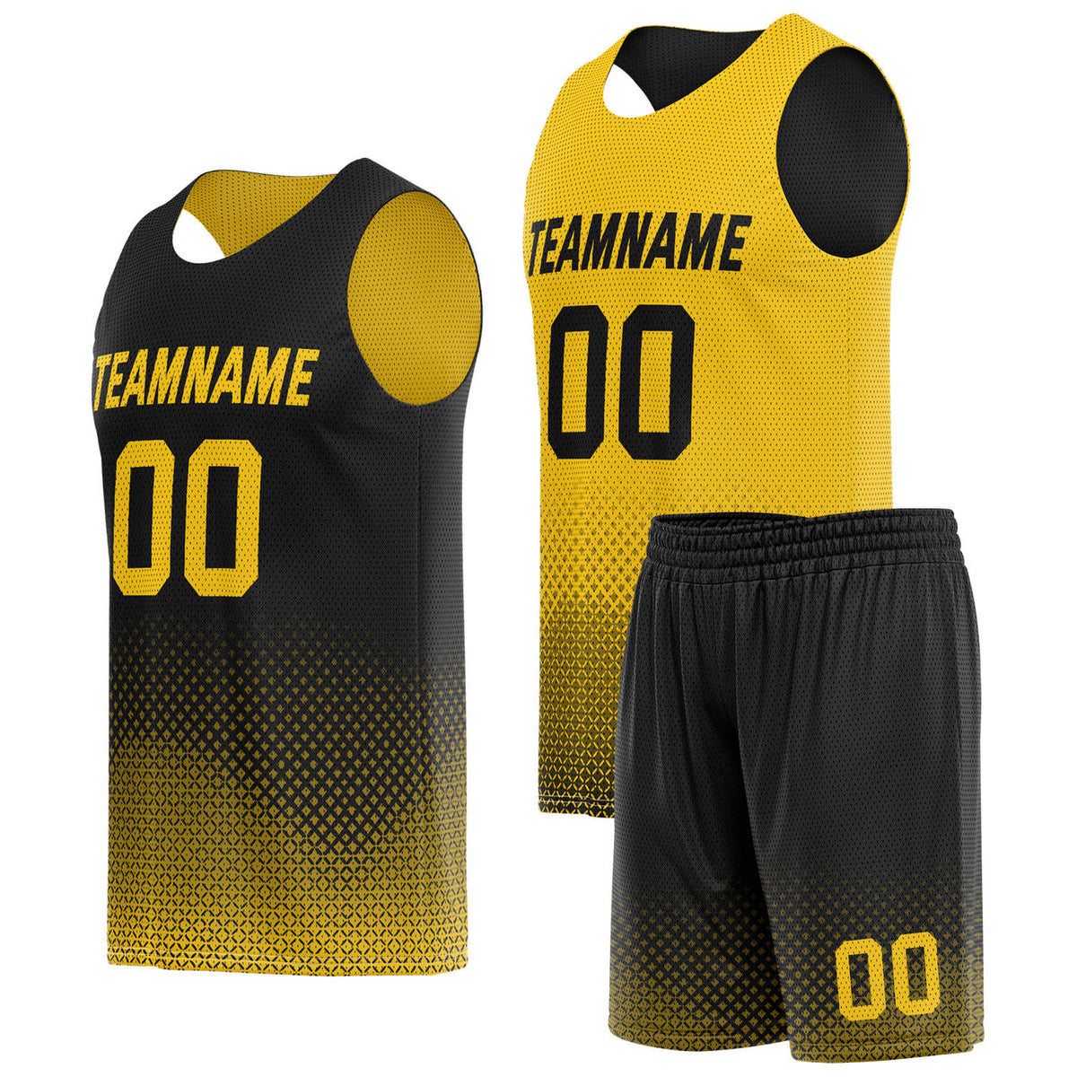 Custom reversible black yellow basketball uniform, personalized team name number logo breathable Mesh sports set for men women youth game practice wear - Vosoli