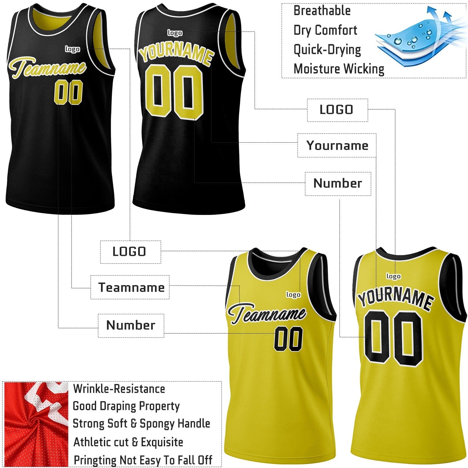 Custom Reversible Black & Yellow Basketball Jersey | Personalized Team Jersey | Vosoli