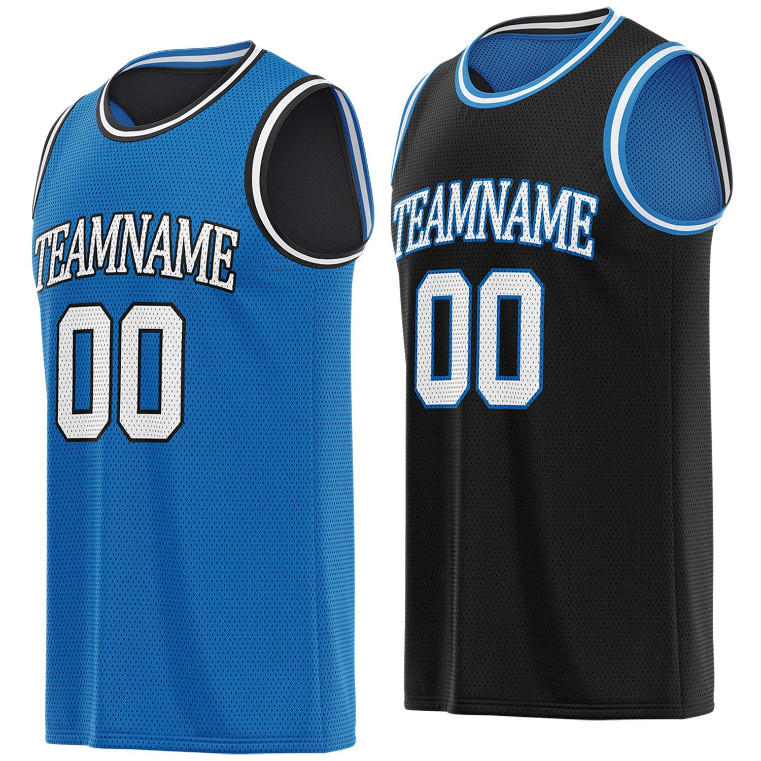 Custom reversible blue & black basketball jersey, personalized team name number logo breathable mesh sports top for men women youth game practice - Vosoli