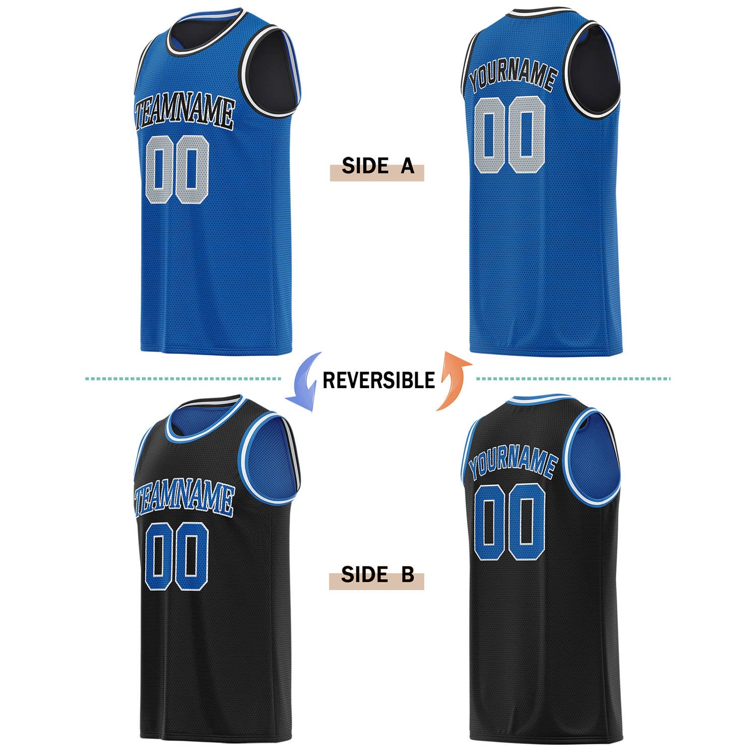 Custom Reversible Blue & Black Basketball Jersey | Personalized for Team Sports - Vosoli