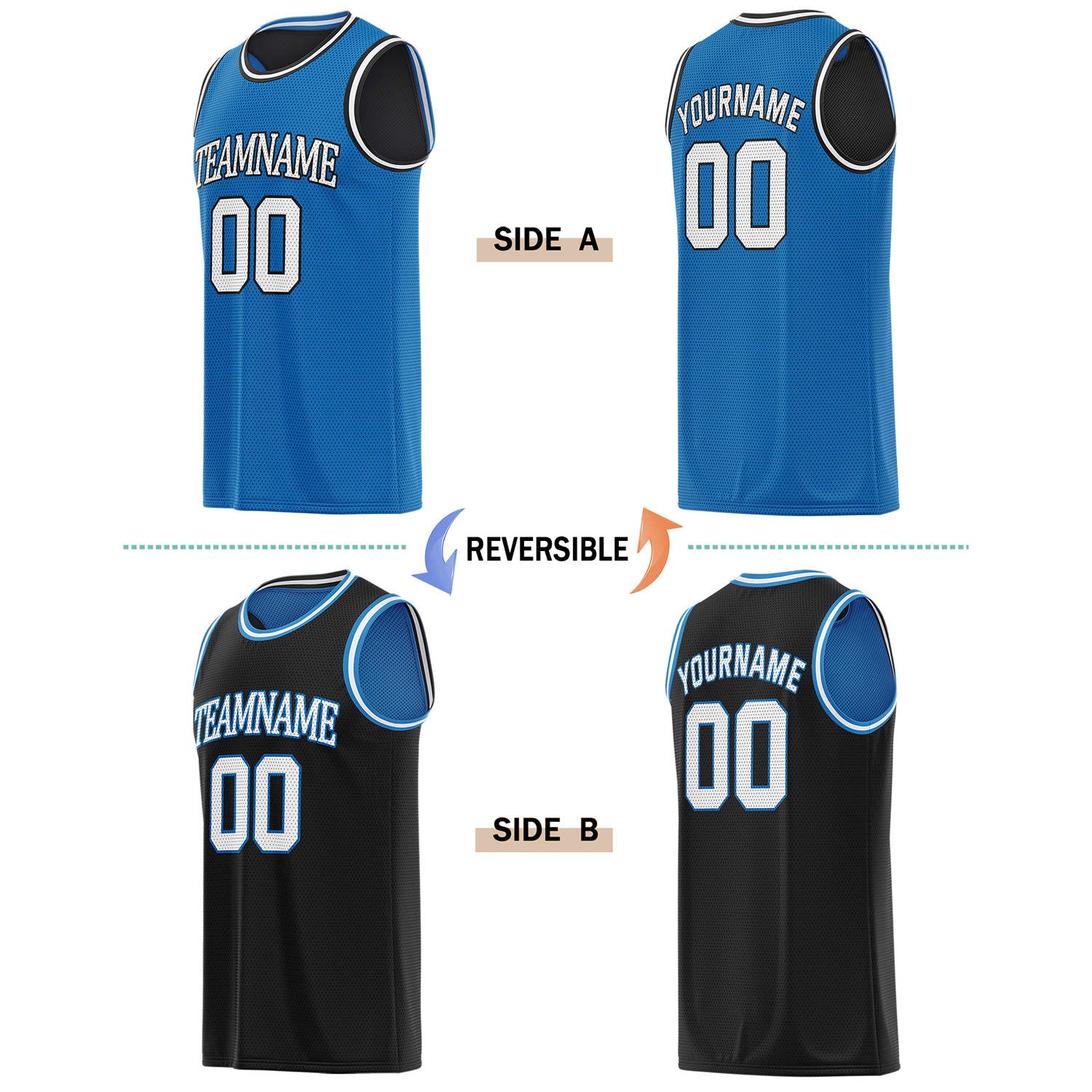 Custom Reversible Blue & Black Basketball Jersey | Personalized for Team Sports - Vosoli