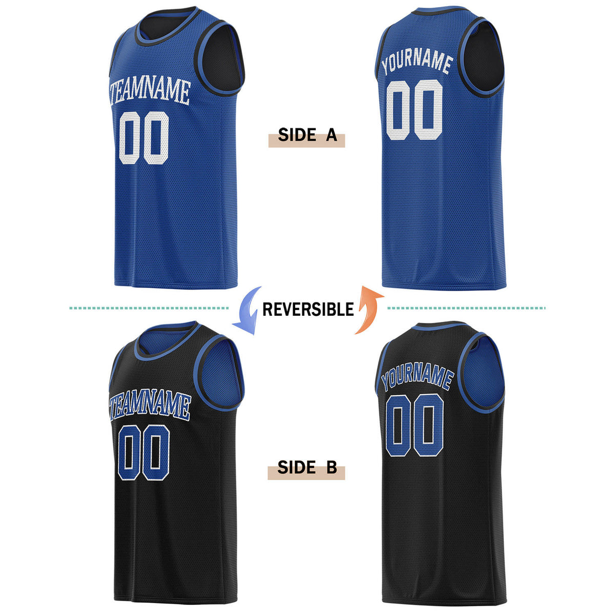 Custom Reversible Blue & Black Basketball Jersey | Personalized for Team Sports - Vosoli
