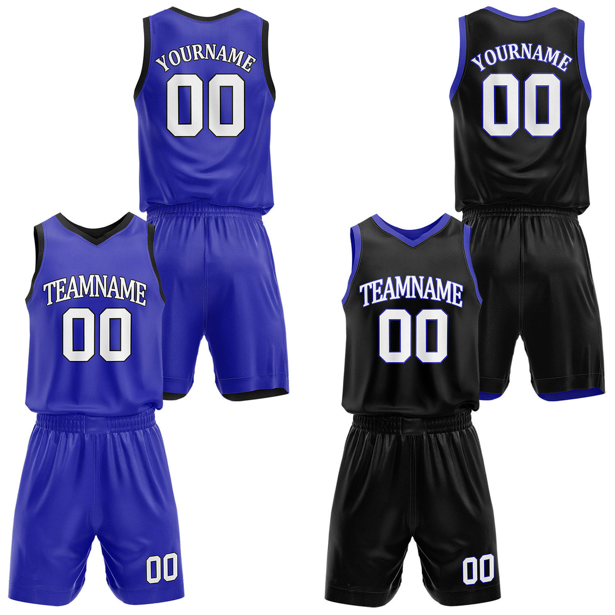 Custom reversible blue &amp; black basketball uniform set, personalized with team name number and logo, sports jersey and shorts for men women youth game practice - Vosoli