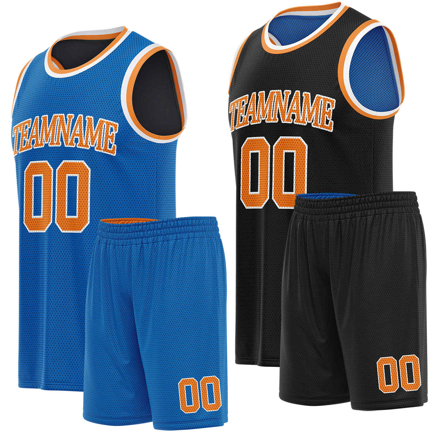 Custom reversible blue & black basketball uniform set, personalized team name number logo breathable mesh sports jersey and shorts for men women youth game practice - Vosoli