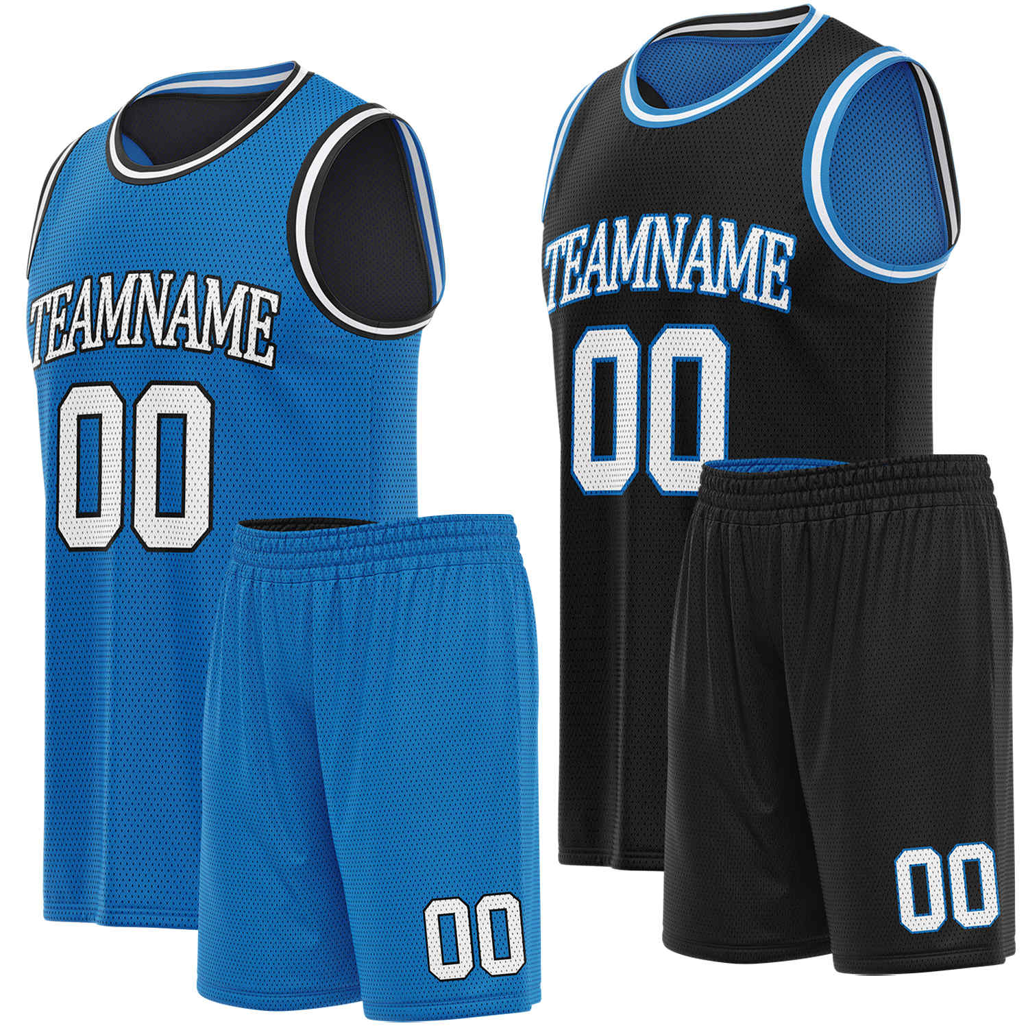 Custom reversible blue & black basketball uniform set, personalized team name number logo breathable mesh sports jersey and shorts for men women youth game practice - Vosoli