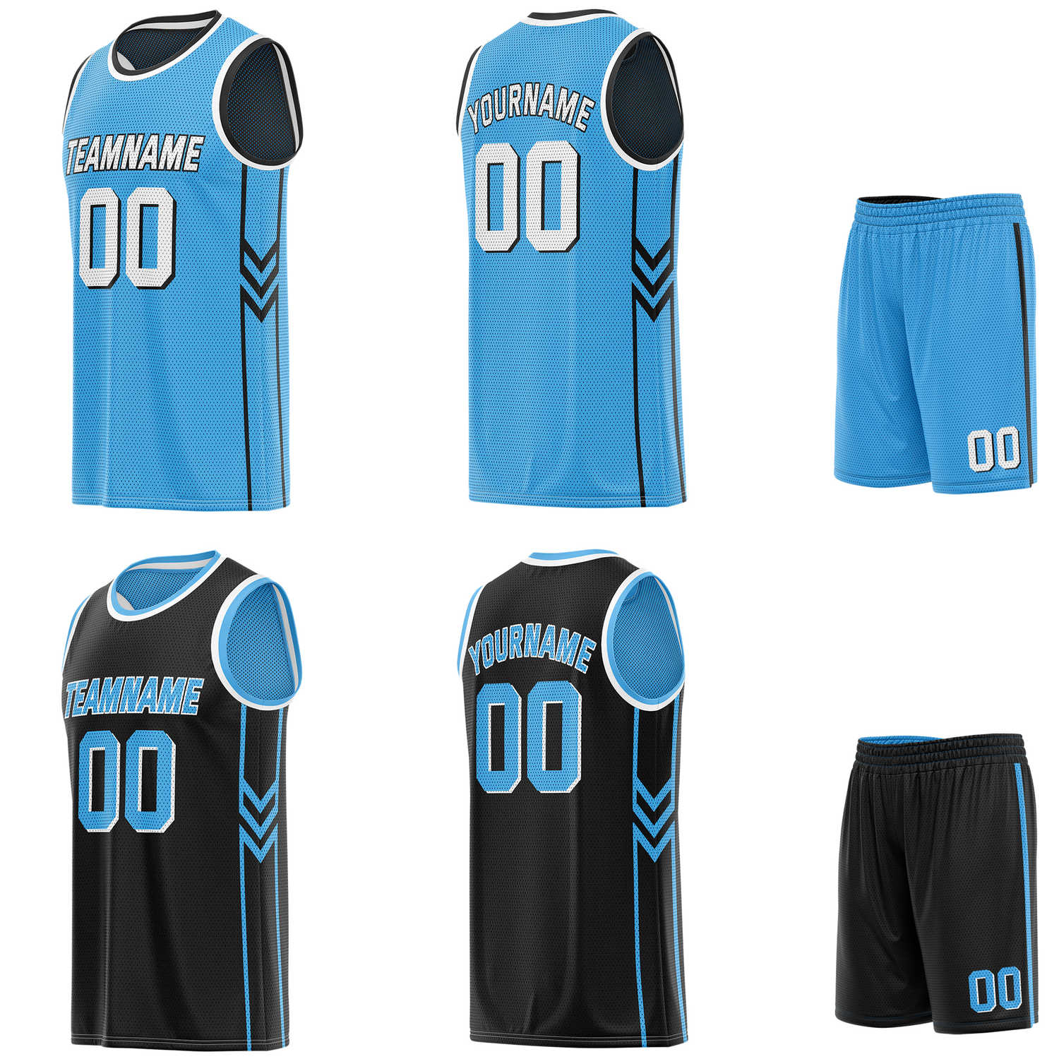 Custom reversible blue & black basketball uniform set, personalized with team name number and logo, breathable mesh fabric for men women youth game practice - Vosoli