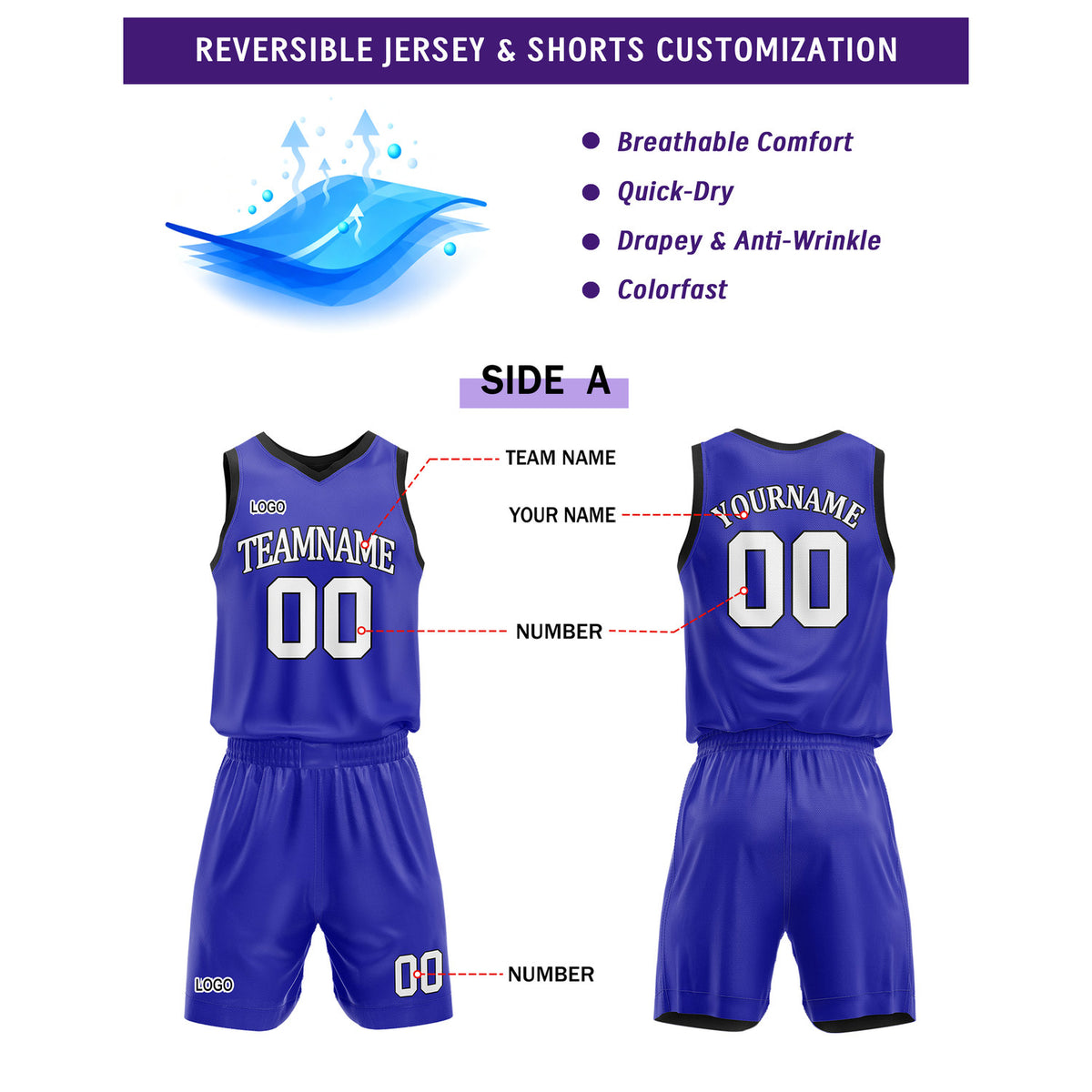 Custom Reversible Blue Black Basketball Uniform Set | Team Name & Number - Vosoli