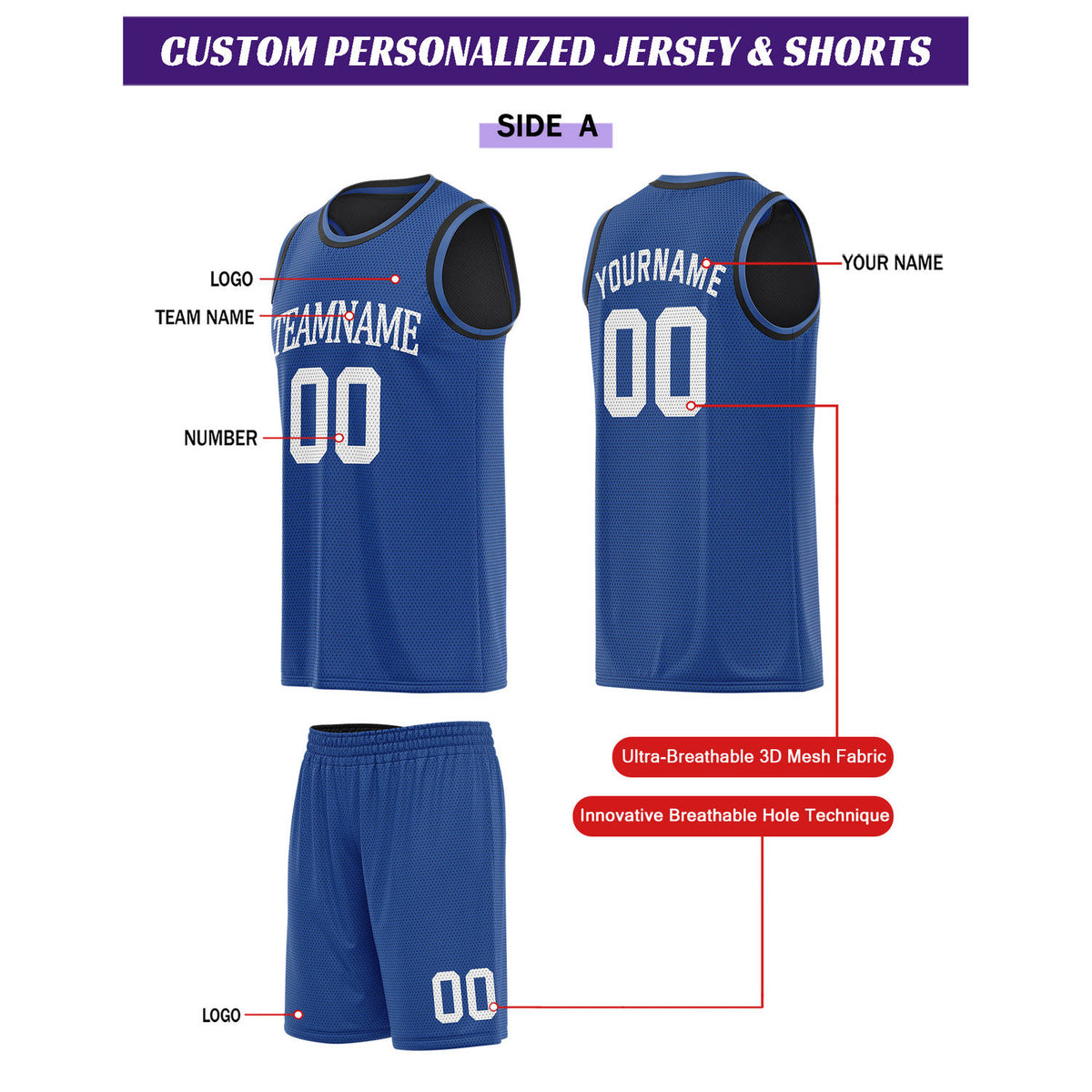 Custom Reversible Blue & Black Basketball Uniform Set | Personalized for Team Sports Practice - Vosoli