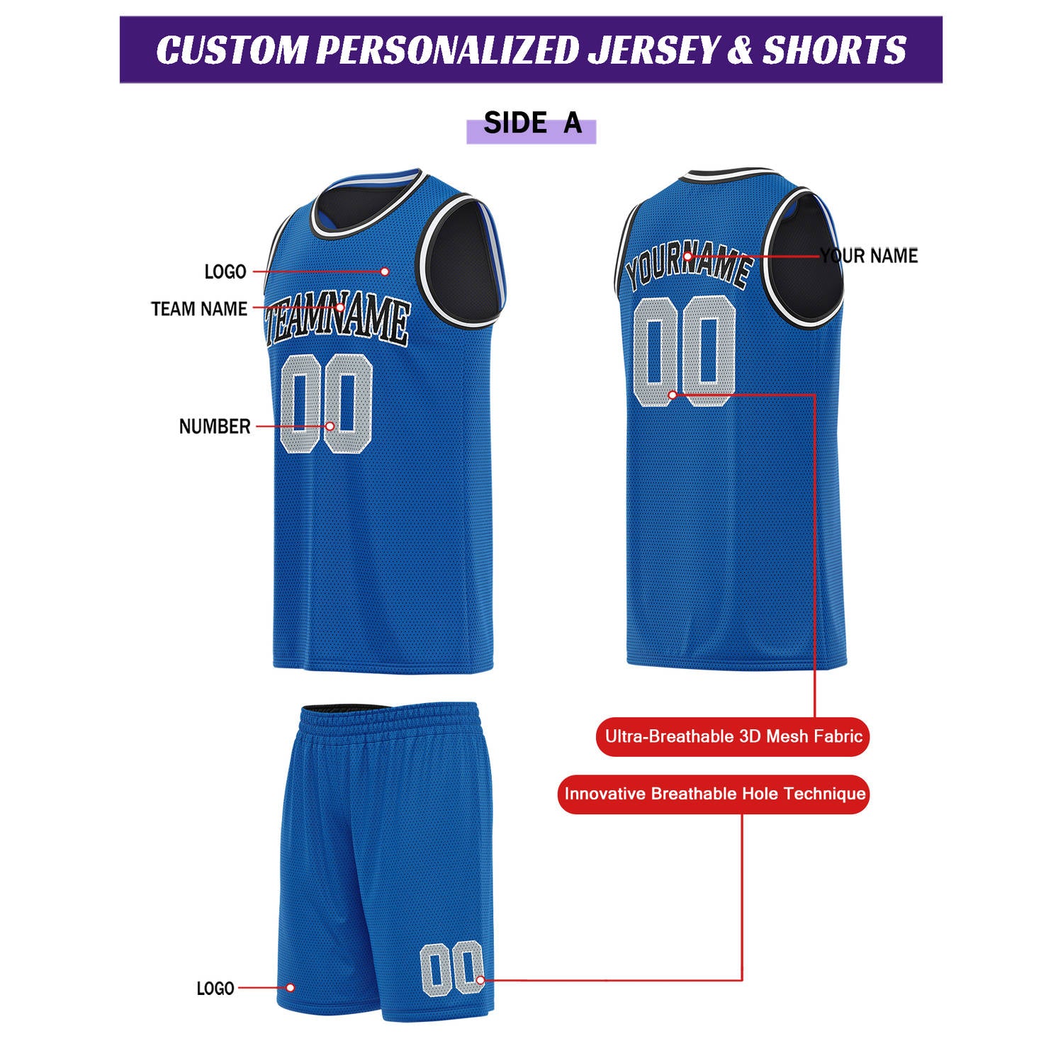 Custom Reversible Blue & Black Basketball Uniform Set | Personalized for Team Sports Practice - Vosoli