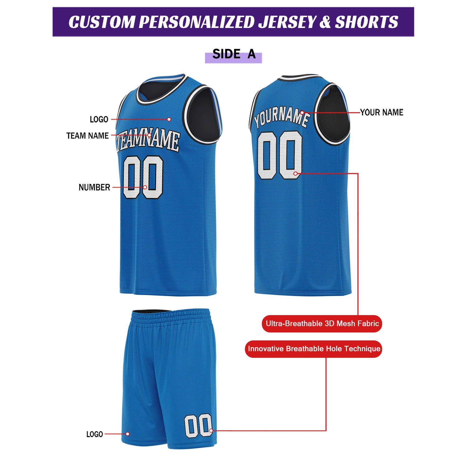 Custom Reversible Blue & Black Basketball Uniform Set  Personalized for Team Sports Practice - Vosoli