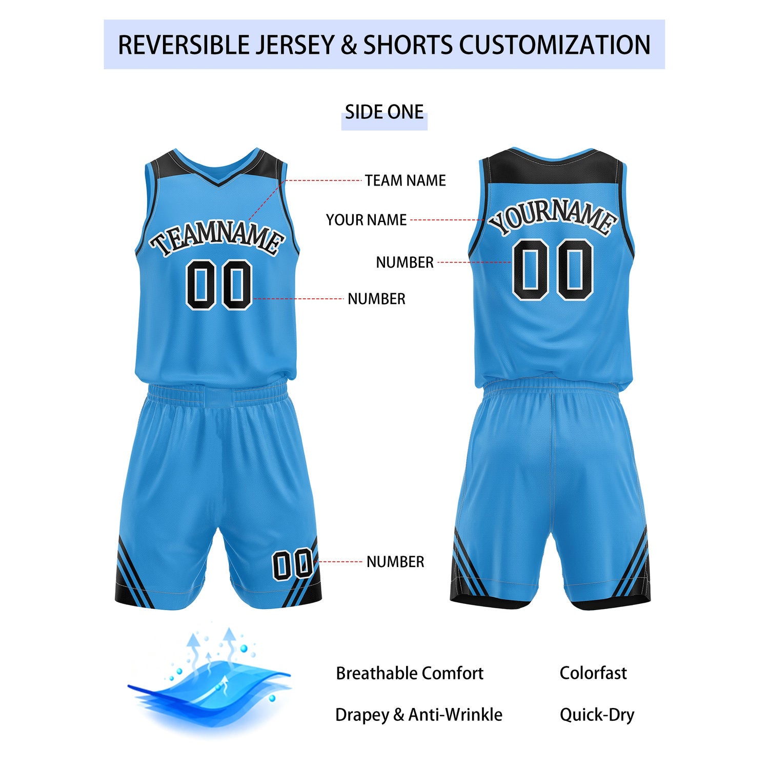 Custom Reversible Blue Black Basketball Uniform Set | Team Name & Number - Vosoli