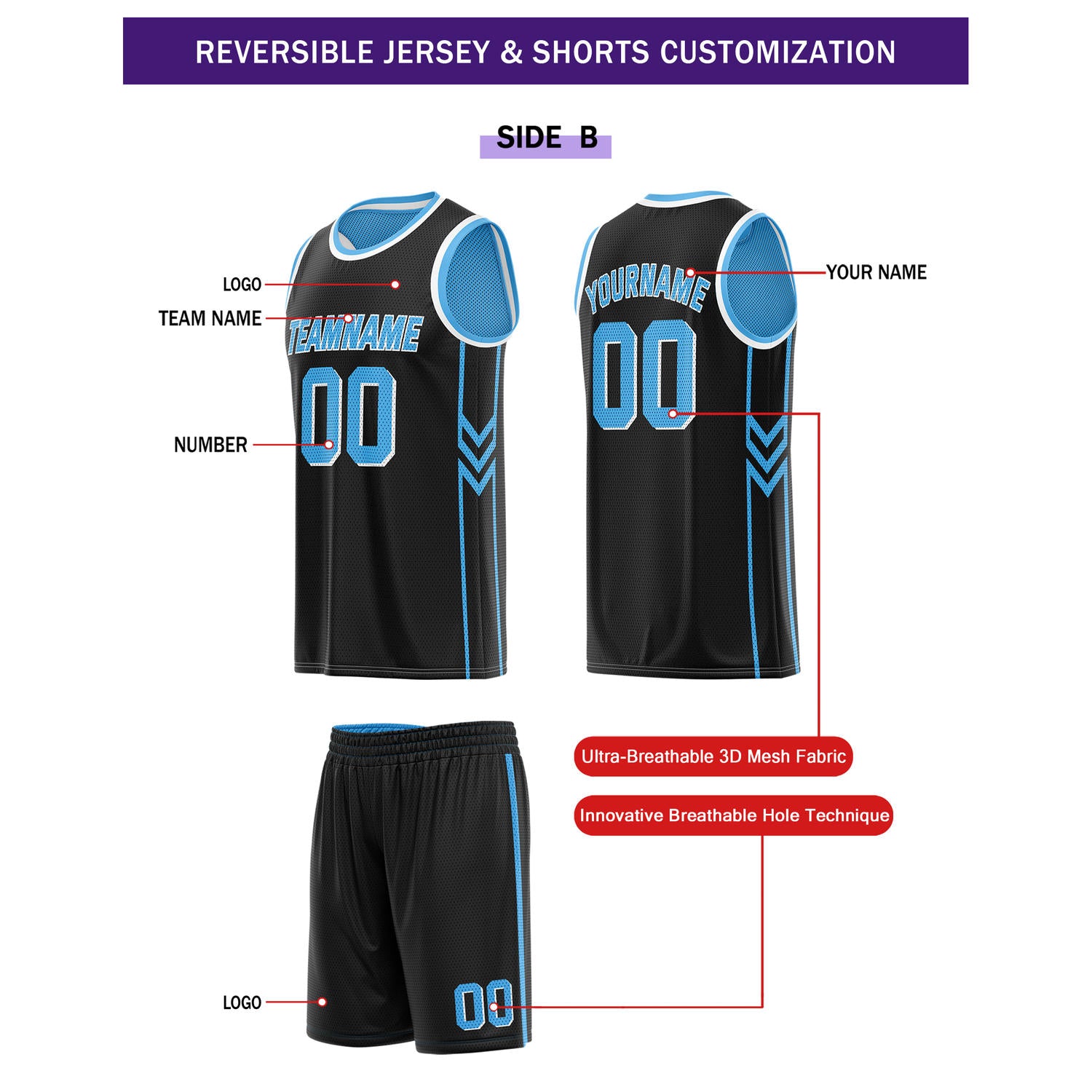 Custom Reversible Blue Black Basketball Uniform Set | Team Name & Number - Vosoli
