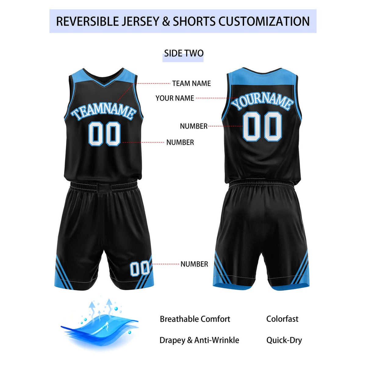 Custom Reversible Blue Black Basketball Uniform Set | Team Name & Number - Vosoli