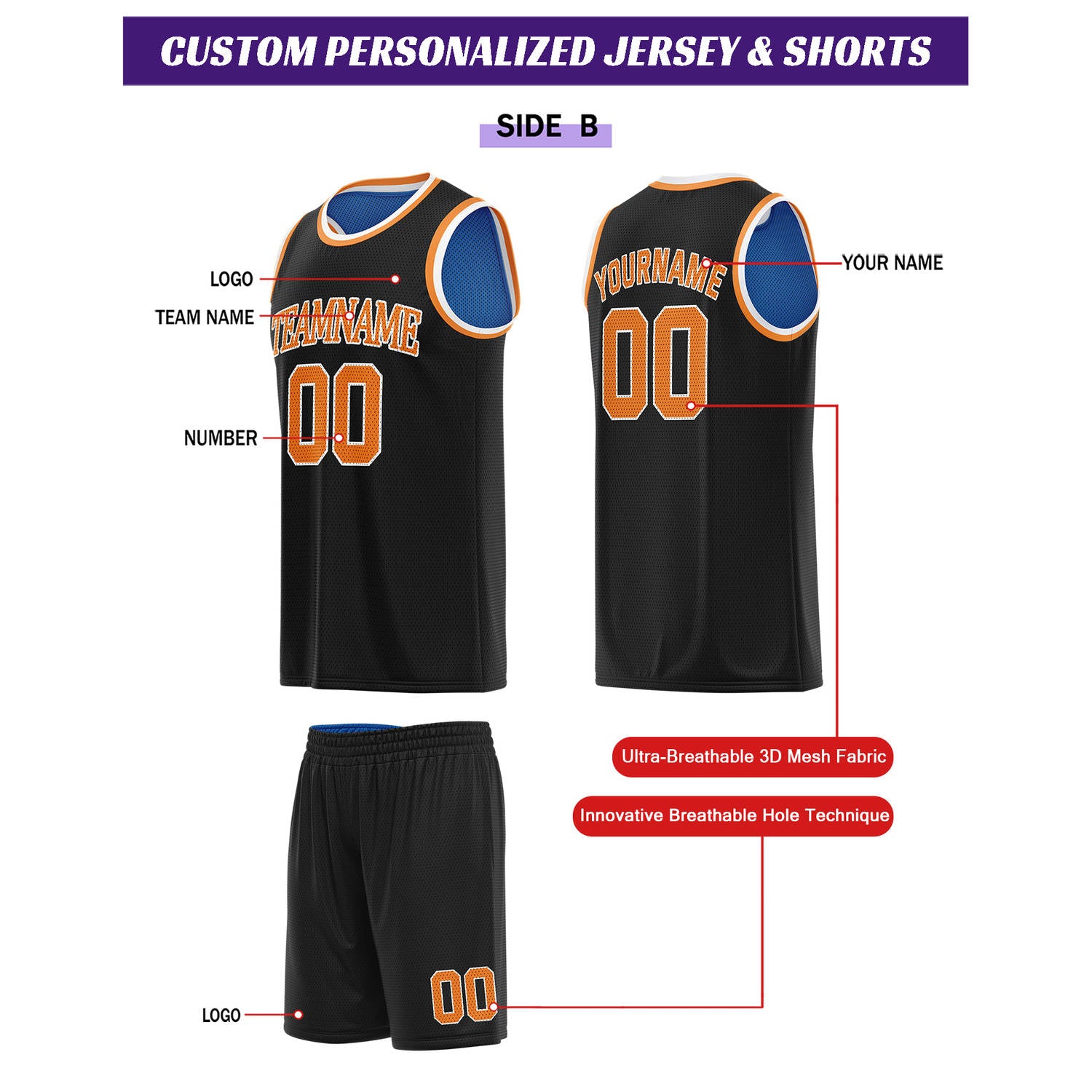 Custom Reversible Blue & Black Basketball Uniform Set | Personalized for Team Sports Practice - Vosoli