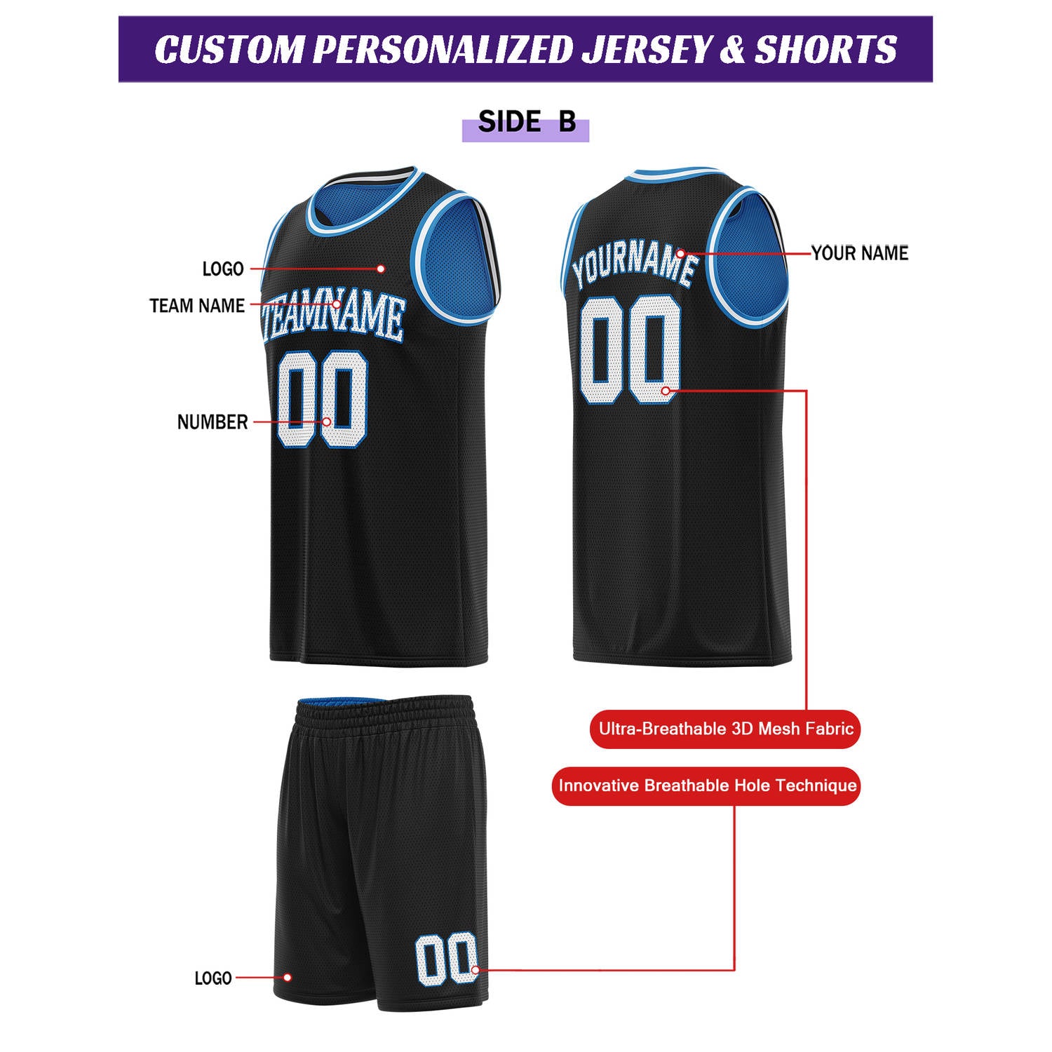 Custom Reversible Blue & Black Basketball Uniform Set  Personalized for Team Sports Practice - Vosoli
