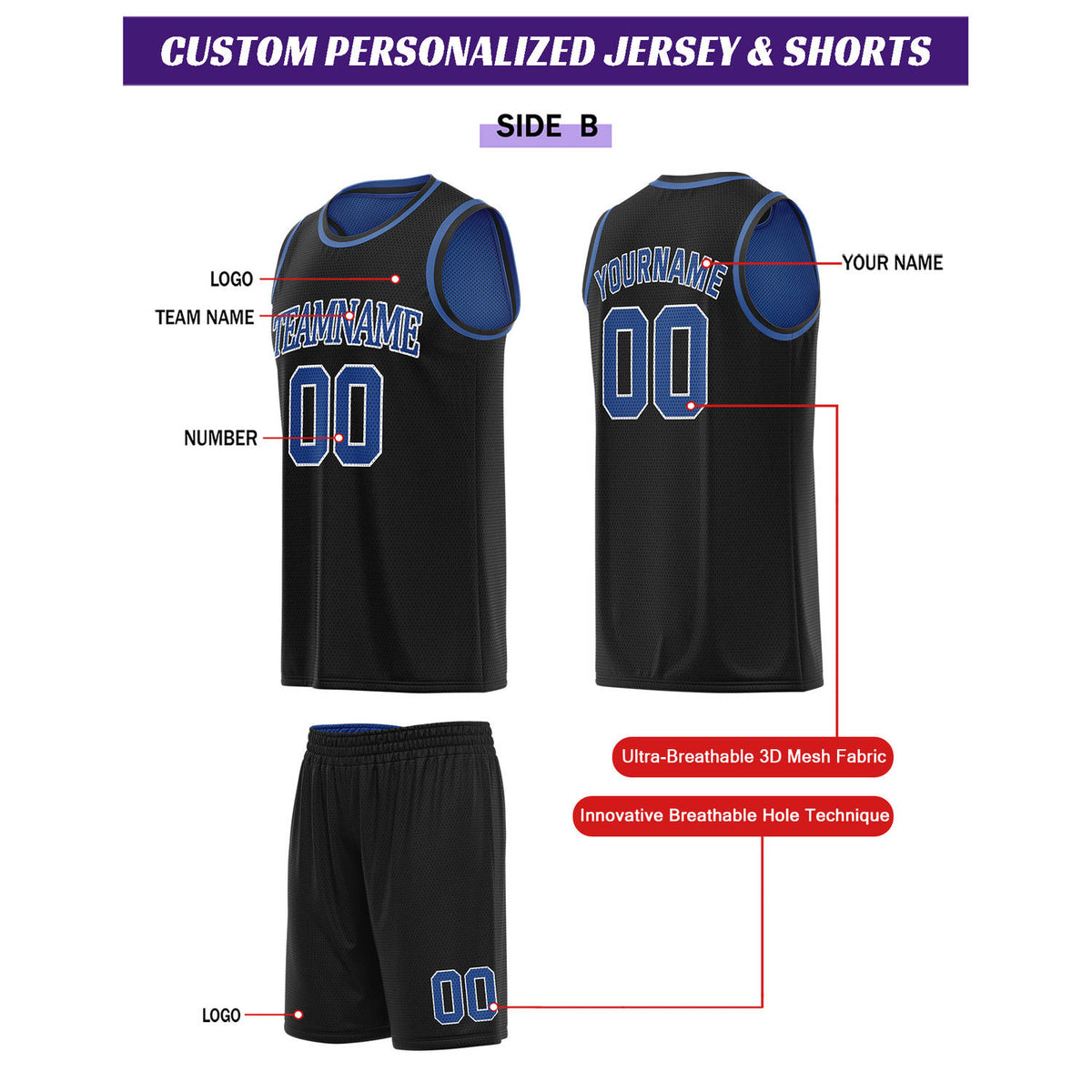 Custom Reversible Blue & Black Basketball Uniform Set | Personalized for Team Sports Practice - Vosoli