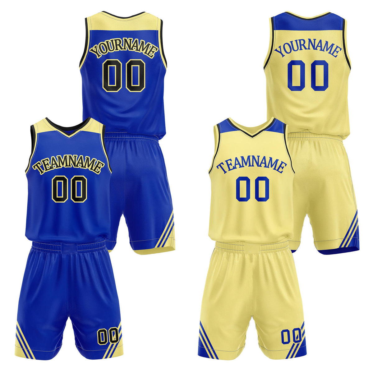 Custom reversible blue &amp; gold basketball uniform set, personalized with team name number and logo, breathable mesh fabric for men women youth game practice - Vosoli