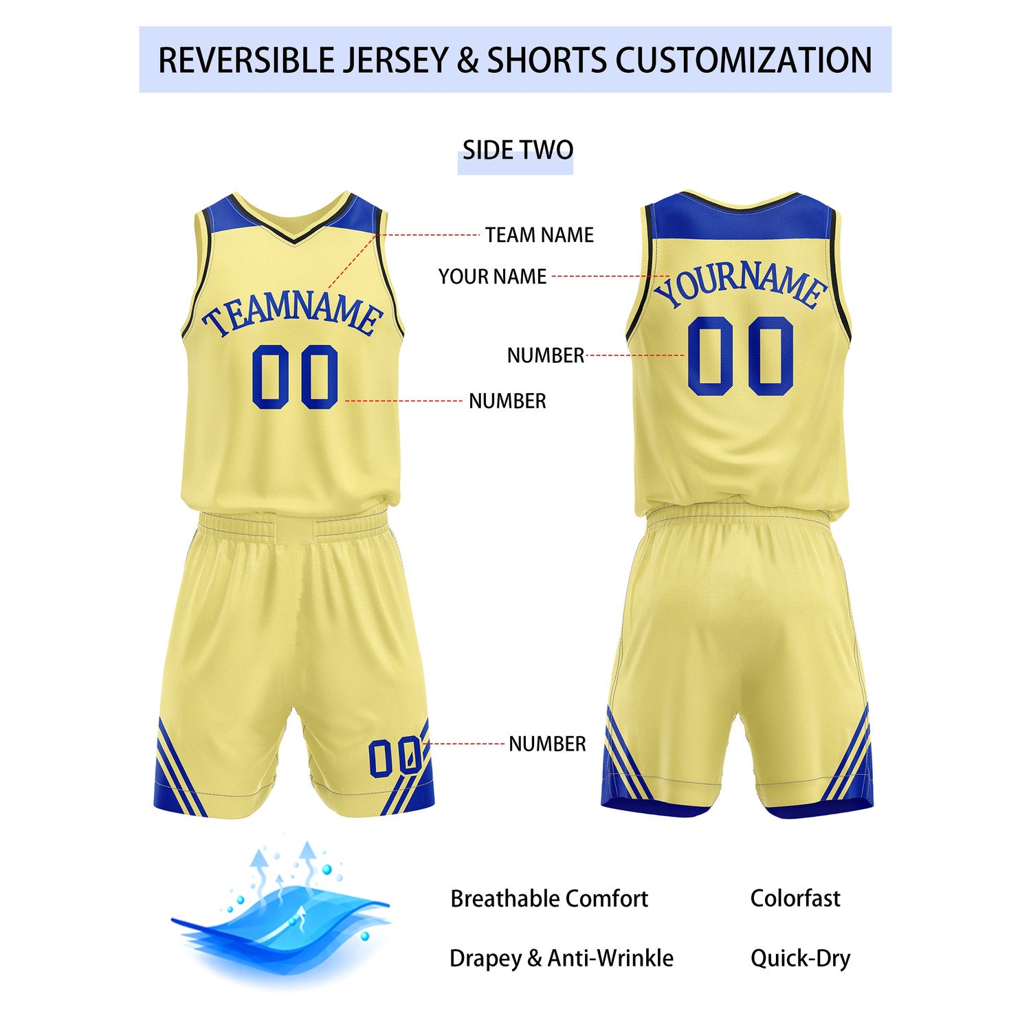 Custom Reversible Blue Gold Basketball Uniform Set | Team Name & Number - Vosoli