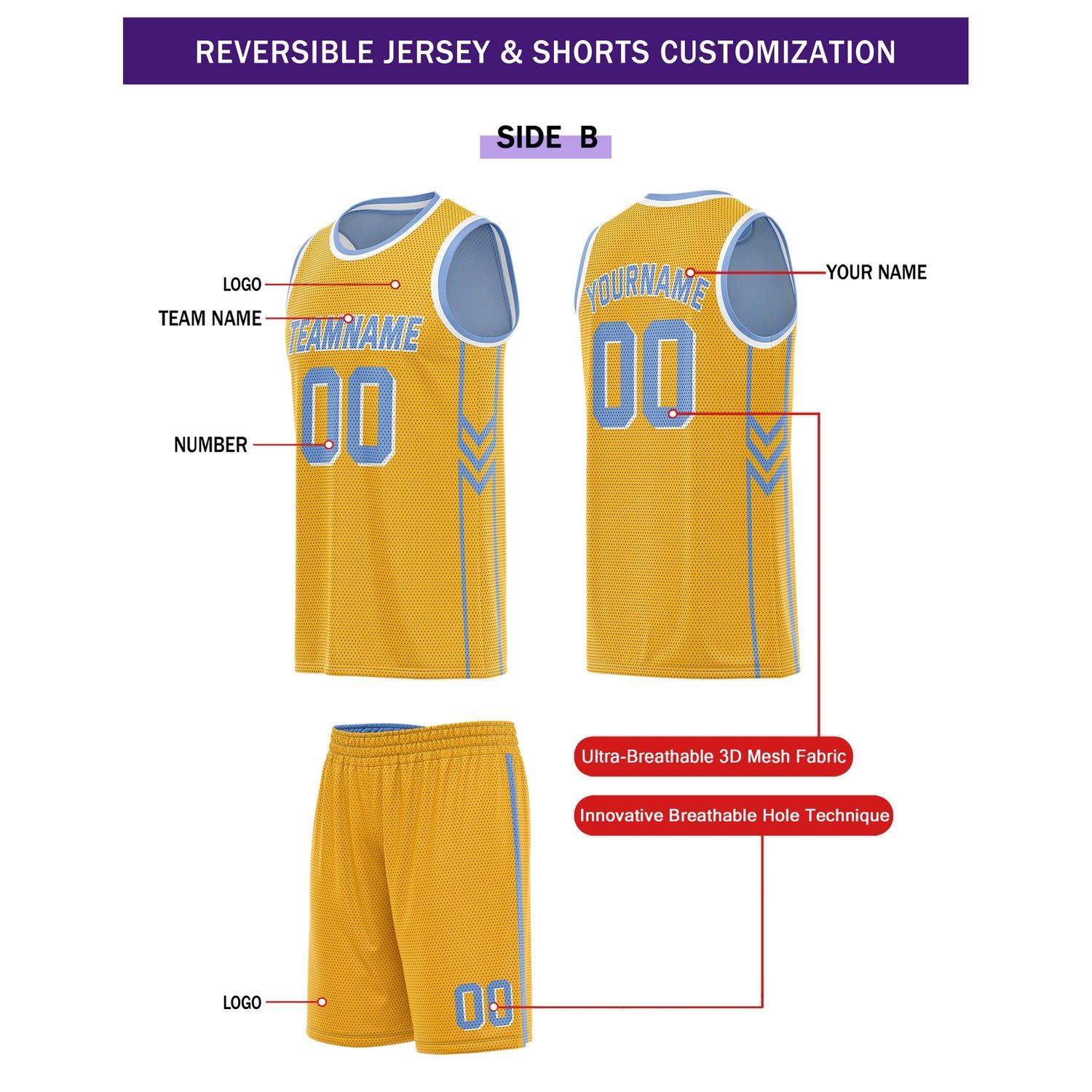 Custom Reversible Blue Gold Basketball Uniform Set | Team Name & Number - Vosoli