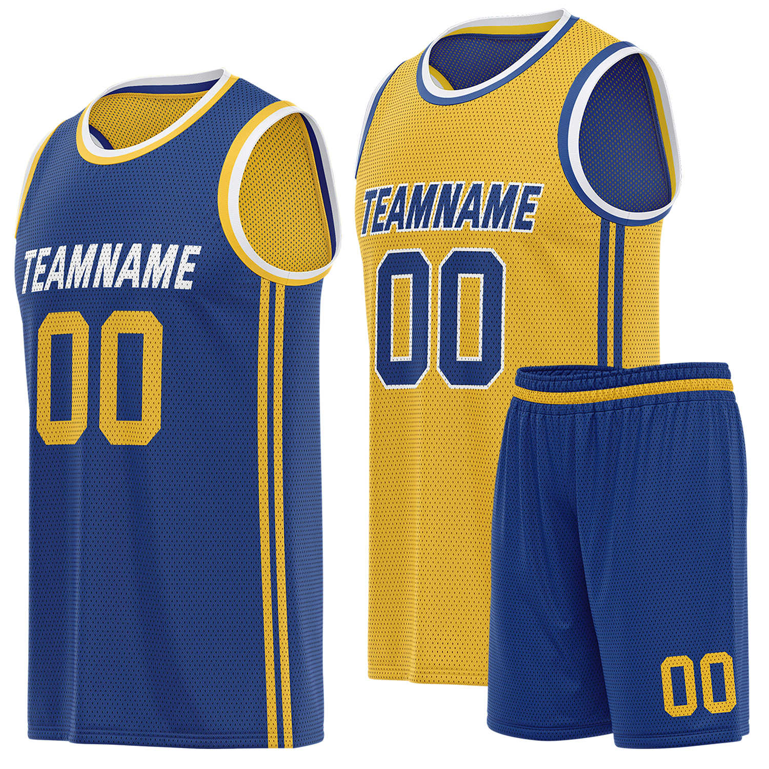 Custom reversible blue & gold basketball uniform (jersey + shorts), personalized team name number logo breathable mesh sports set for men women youth game practice - Vosoli