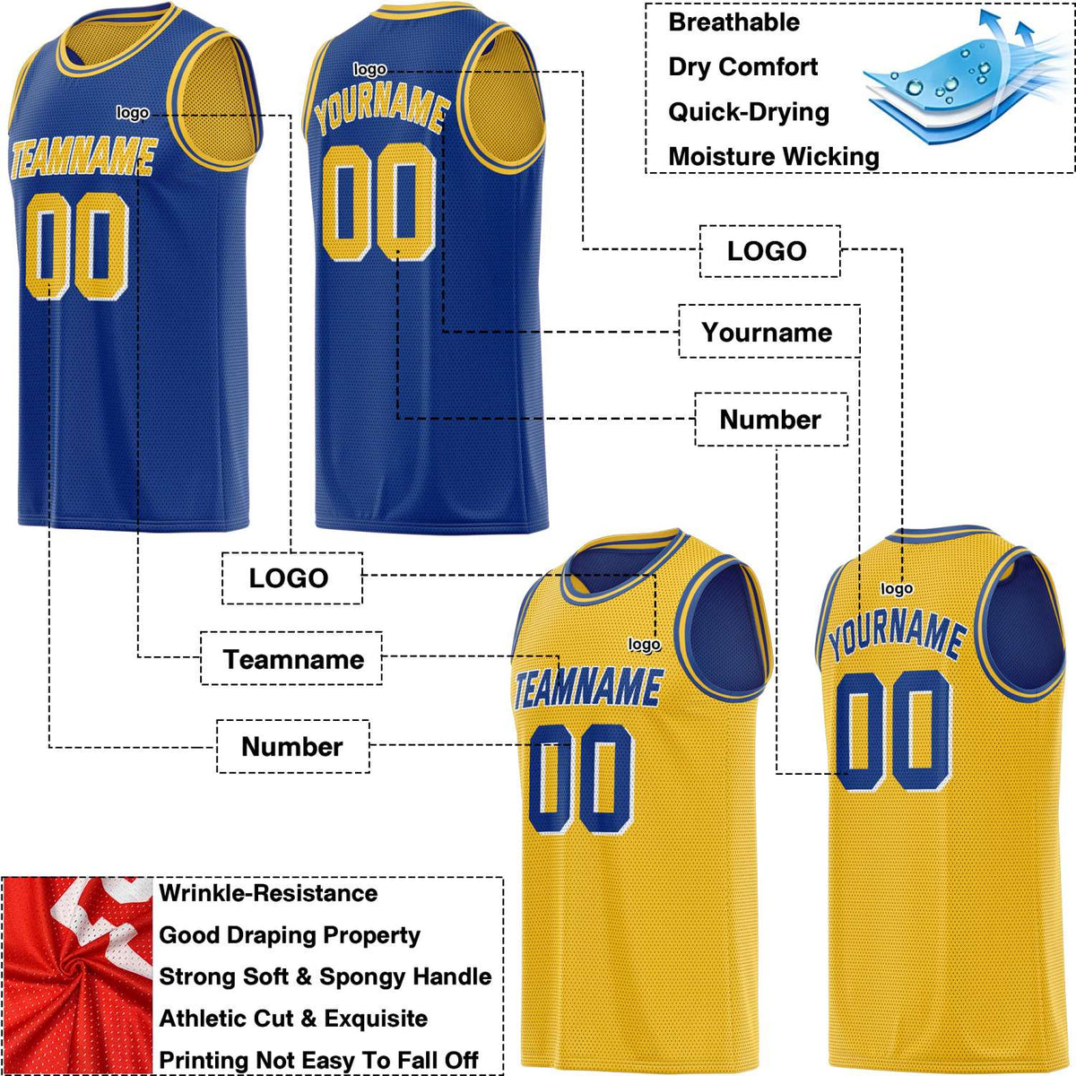 Custom Reversible Blue & Gold Mesh Basketball Jersey | Personalized Team Jersey | Vosoli