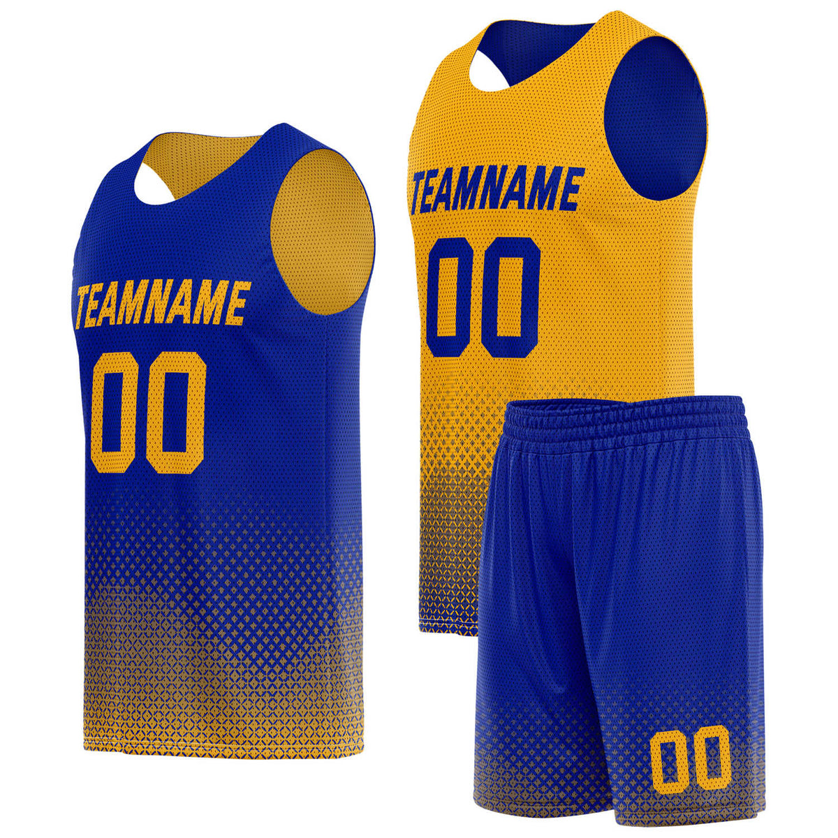 Custom reversible blue gold basketball uniform, personalized team name number logo breathable Mesh sports set for men women youth game practice wear - Vosoli