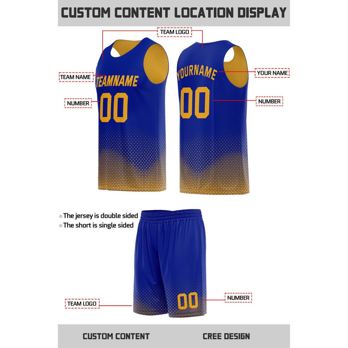 Custom Reversible Blue & Gold Mesh Basketball Uniform | Personalized Team Set | Vosoli