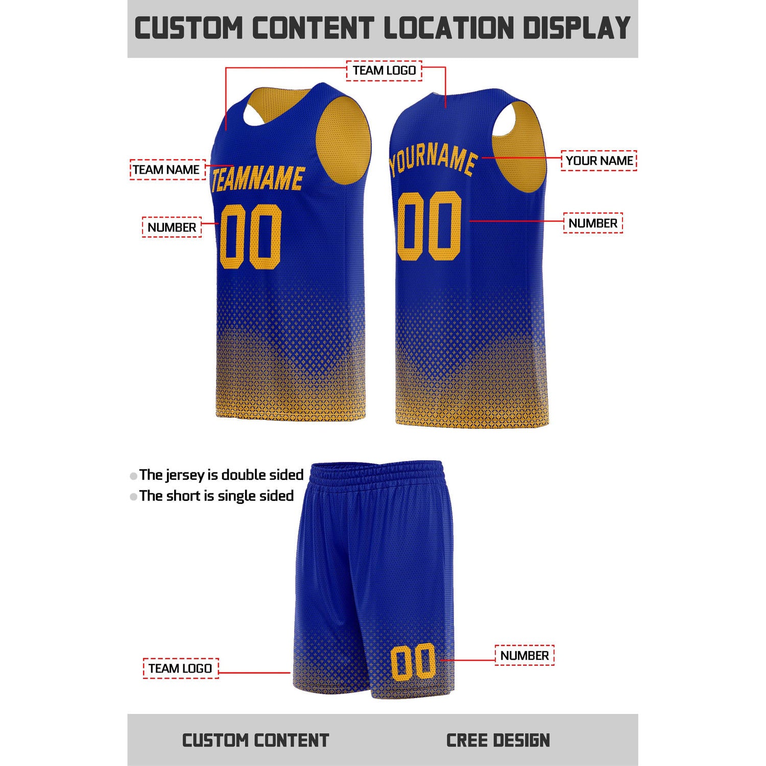 Custom reversible blue gold basketball uniform, personalized team name number logo breathable Mesh sports set for men women youth game practice wear - Vosoli