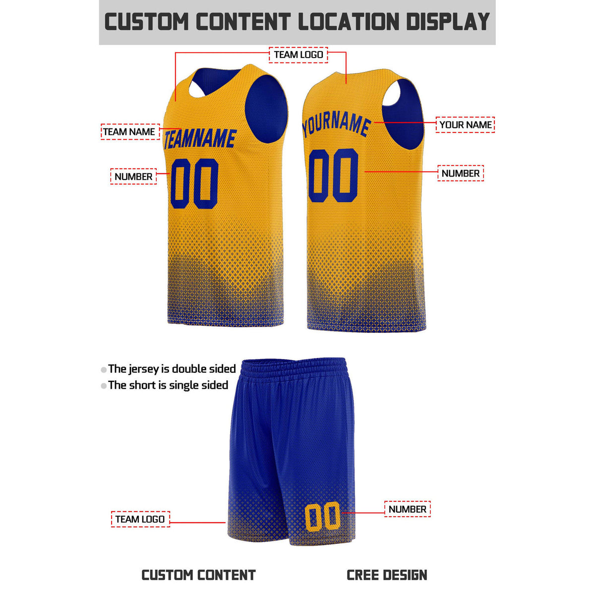 Custom Reversible Blue & Gold Mesh Basketball Uniform | Personalized Team Set | Vosoli