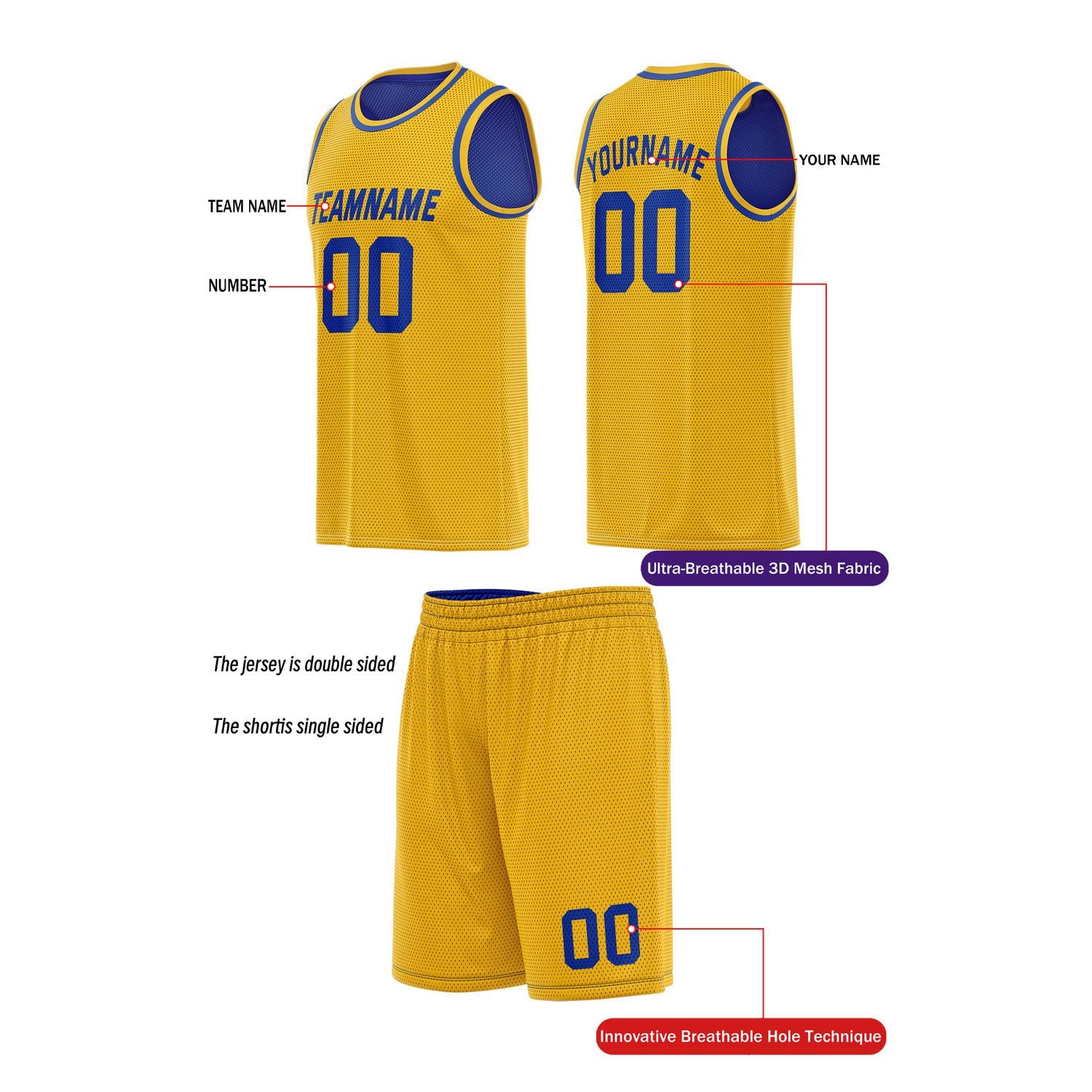 Custom Reversible Blue & Gold Basketball Uniform (Jersey + Shorts) | Personalized Team Set | Vosoli