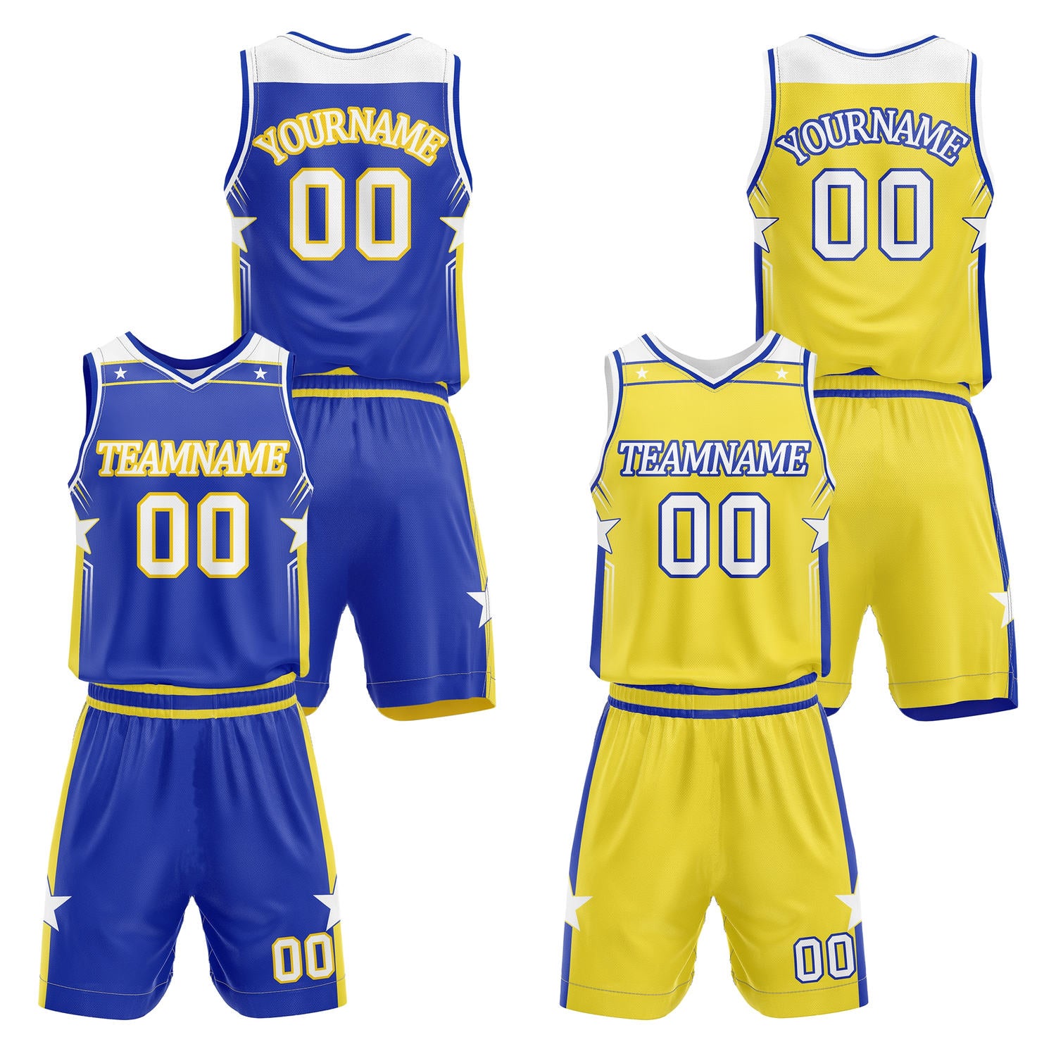 Custom reversible blue & gold basketball uniform set, personalized with team name number and logo, breathable mesh fabric for men women youth game practice - Vosoli