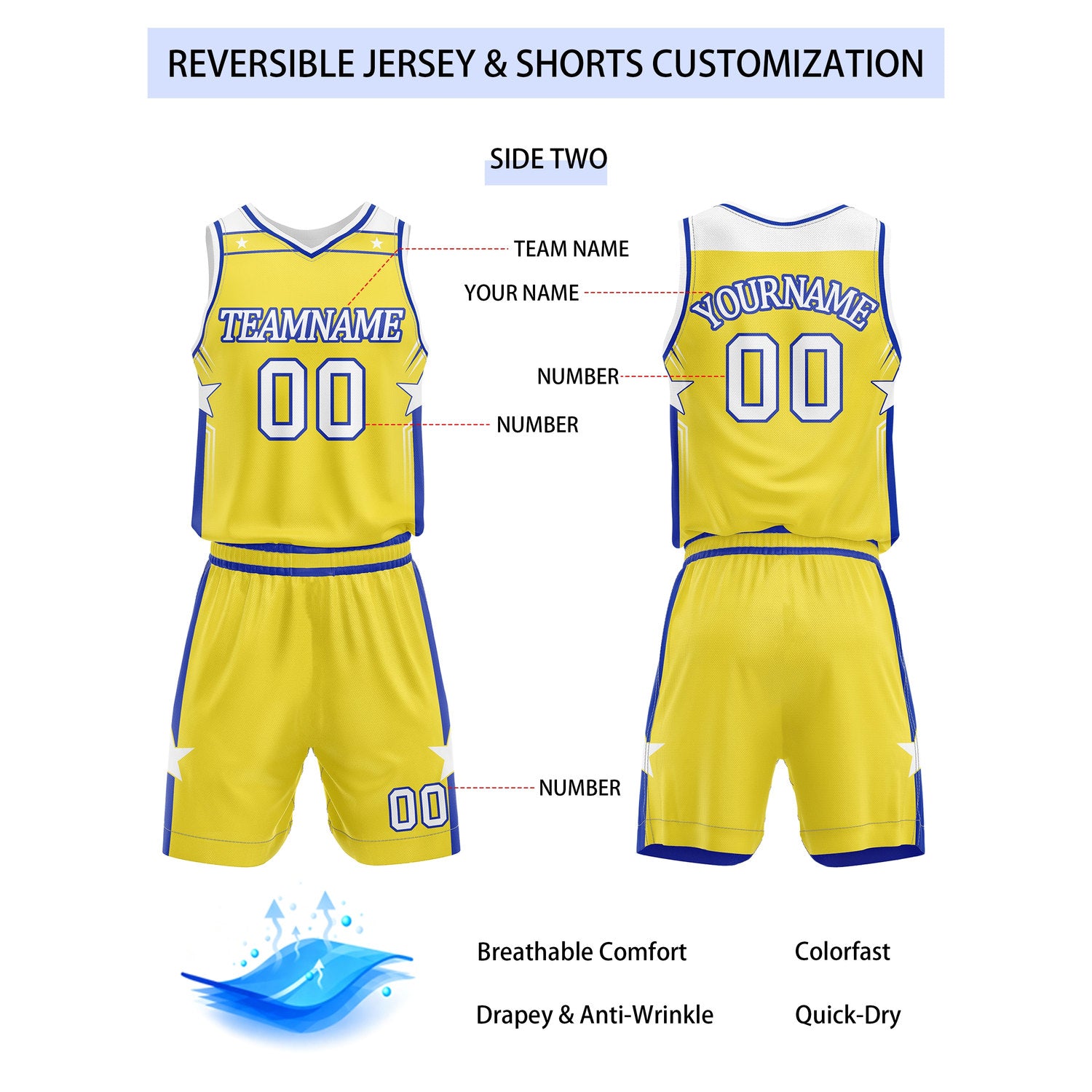 Custom Reversible Blue Gold Star Basketball Uniform Set | Team Name & Number - Vosoli