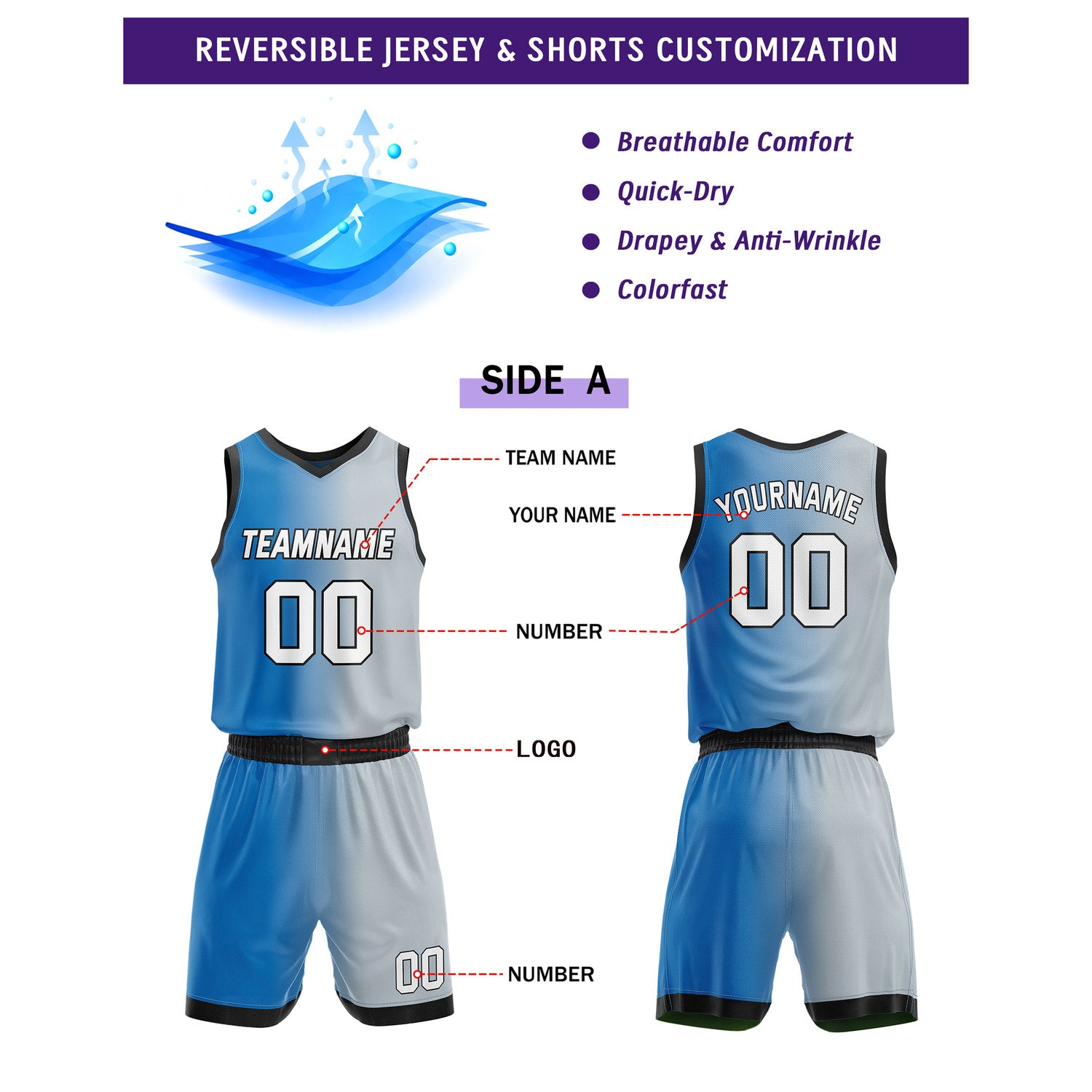 Custom Reversible Blue Grey Black Basketball Uniform Set | Team & Player Name - Vosoli